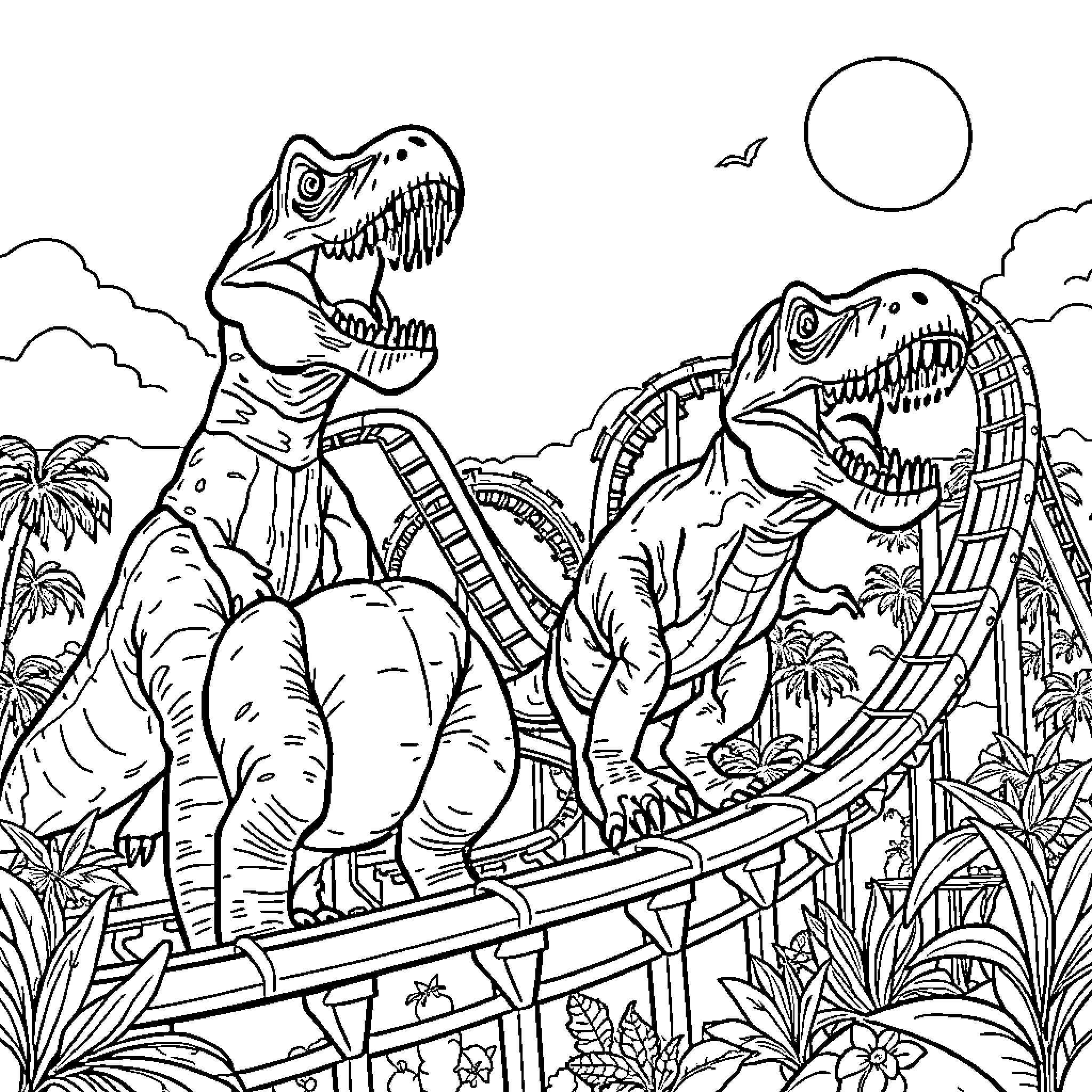 Dinosaurs roaming through a prehistoric landscape Coloring Page (free black-and-white line drawing printable PDF for all, from beginners to advanced learners, including children, teens, adults, and seniors)