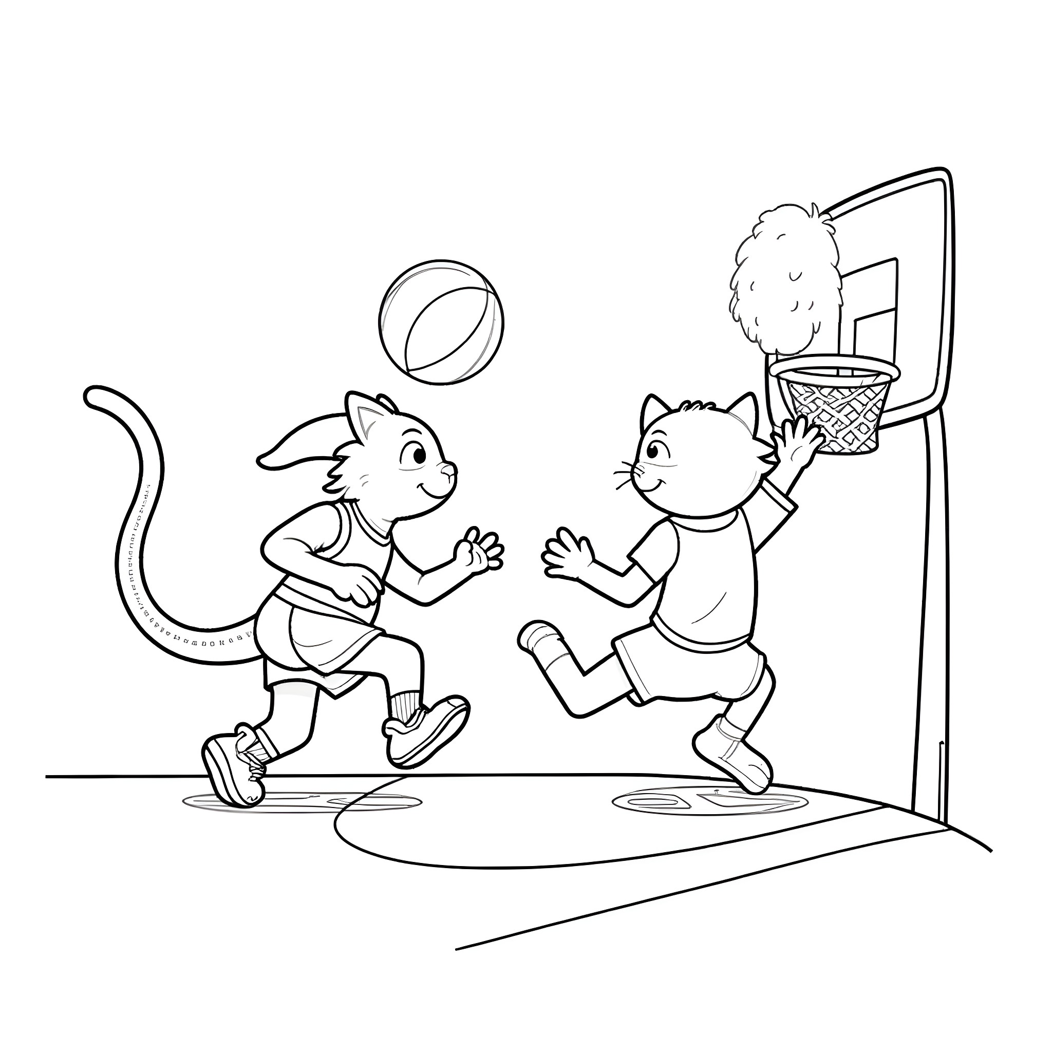 Cat Boys Playing Basketball Coloring Page (free black-and-white line drawing printable PDF for all, from beginners to advanced learners, including children, teens, adults, and seniors)