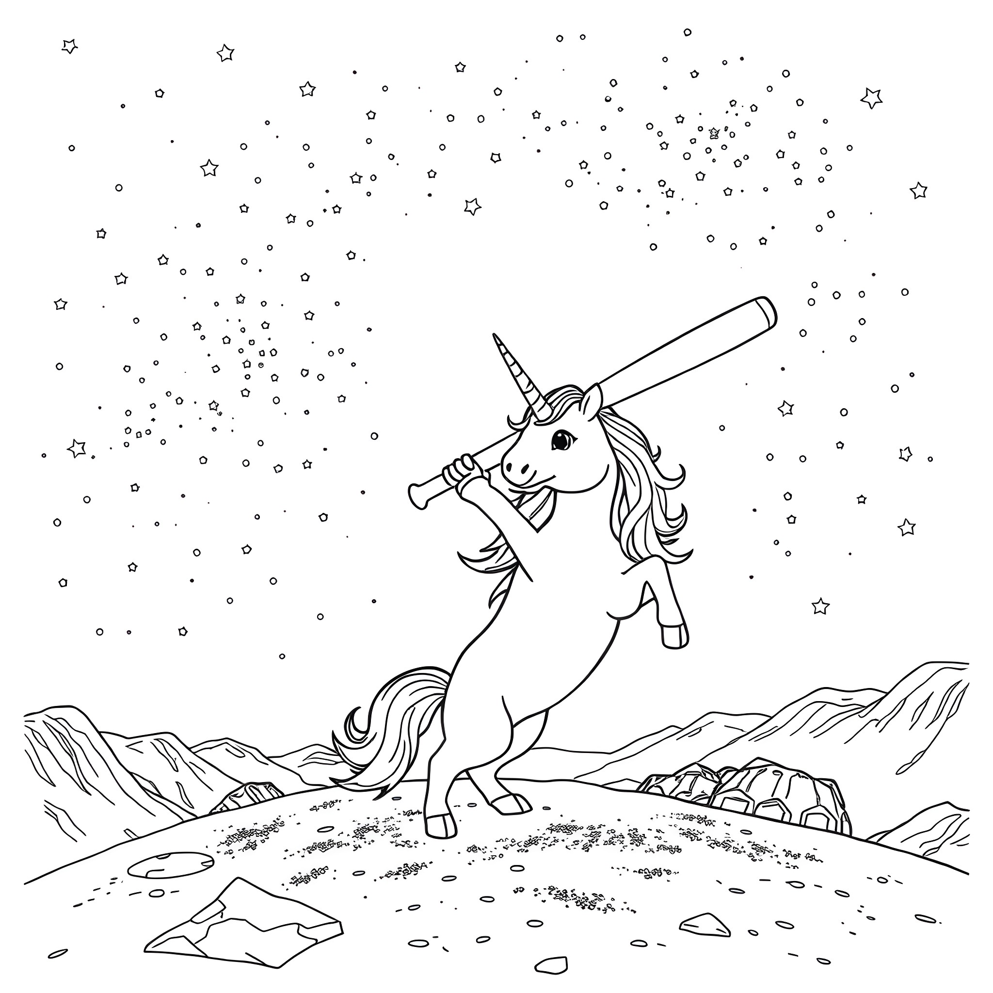 Unicorn playing in the starry night Coloring Page (free black-and-white line drawing printable PDF for all, from beginners to advanced learners, including children, teens, adults, and seniors)