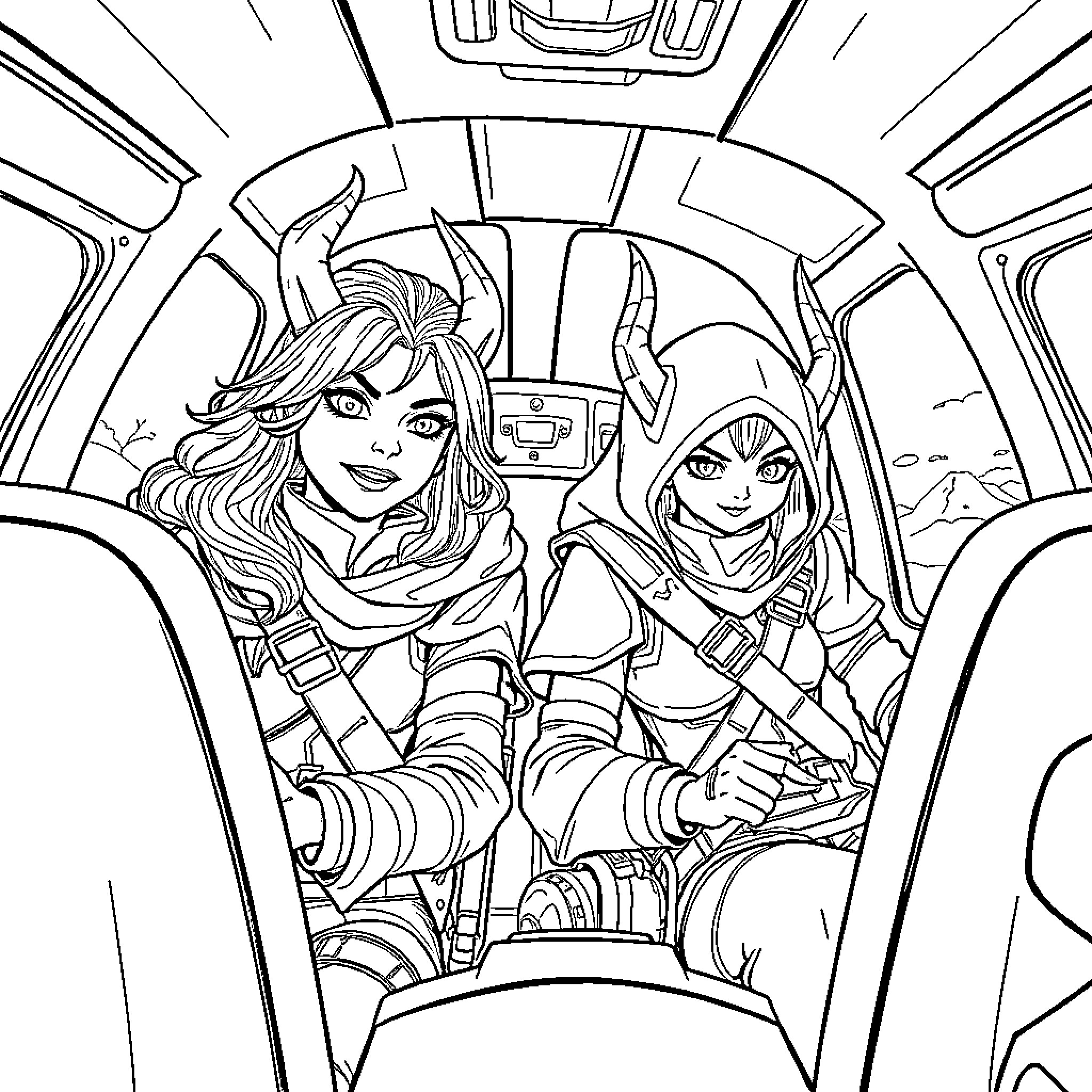 Demon Hunters Piloting a Futuristic Vehicle Coloring Page (free black-and-white line drawing printable PDF for all, from beginners to advanced learners, including children, teens, adults, and seniors)