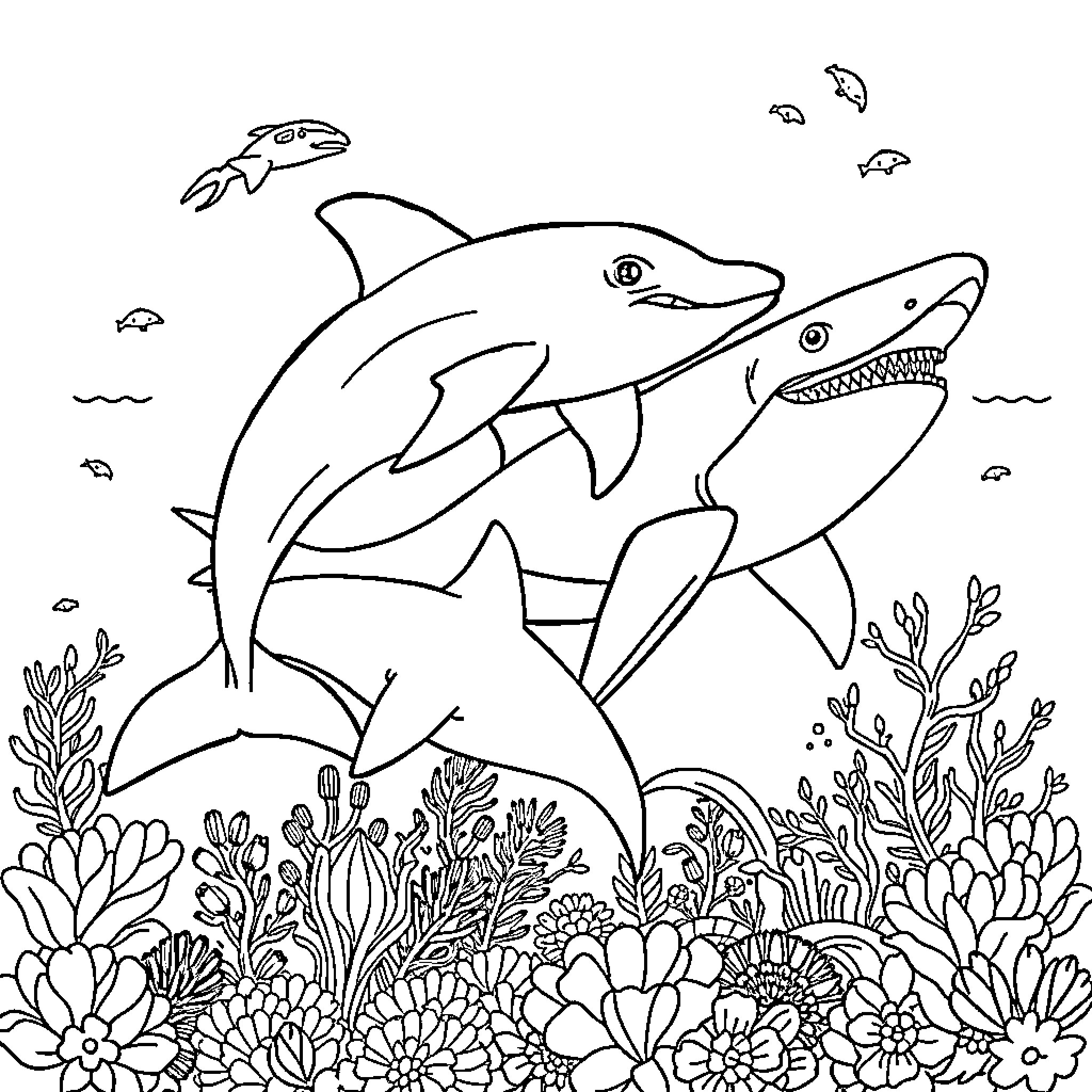 Ocean Animal Playful Dolphins Amid Colorful Underwater Flora Coloring Page (free black-and-white line drawing printable PDF for all, from beginners to advanced learners, including children, teens, adults, and seniors)