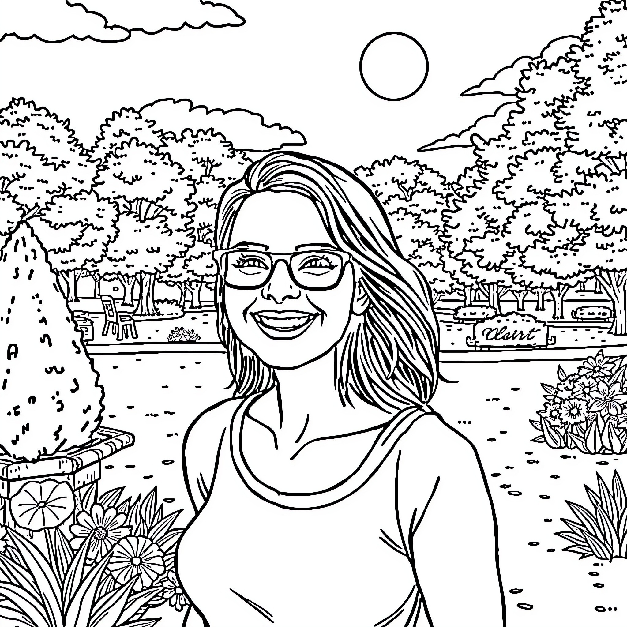 Lisa Stelly enjoying a sunny day outdoors Coloring Page (free black-and-white line drawing printable PDF for all, from beginners to advanced learners, including children, teens, adults, and seniors)