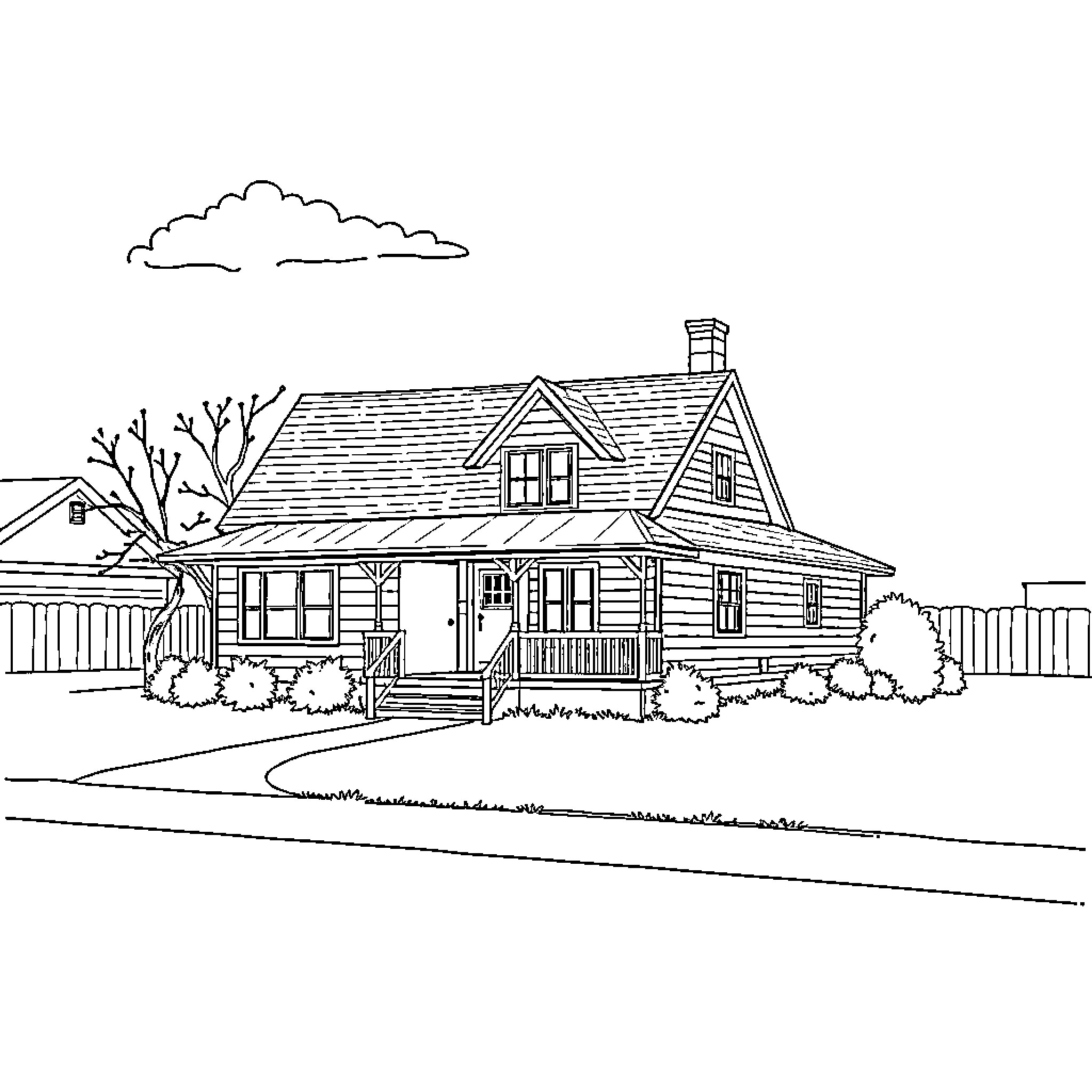 Street scene of a cozy country house Coloring Page (free black-and-white line drawing printable PDF for all, from beginners to advanced learners, including children, teens, adults, and seniors)