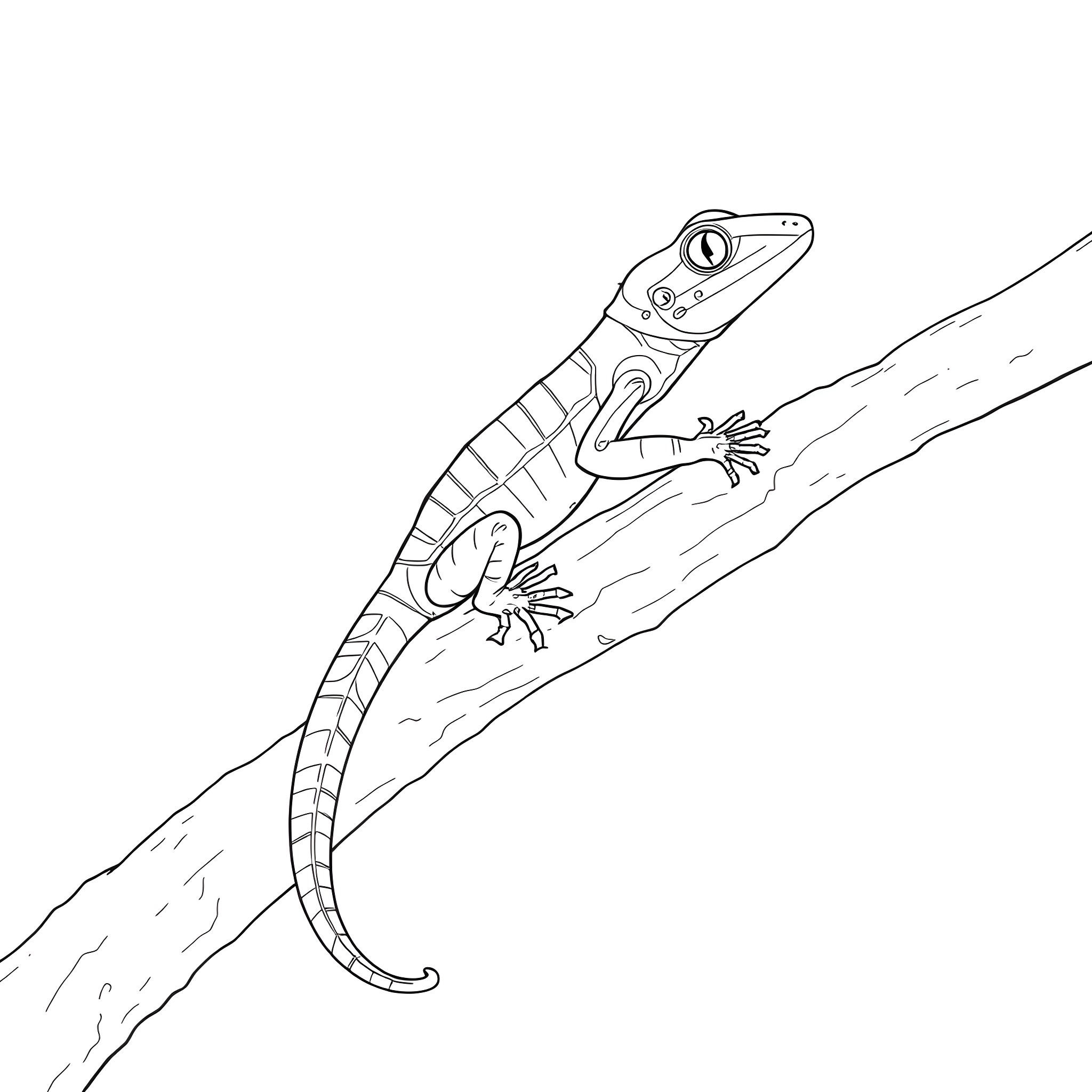 Emerald Tree Skink climbing on a branch Coloring Page (free black-and-white line drawing printable PDF for all, from beginners to advanced learners, including children, teens, adults, and seniors)