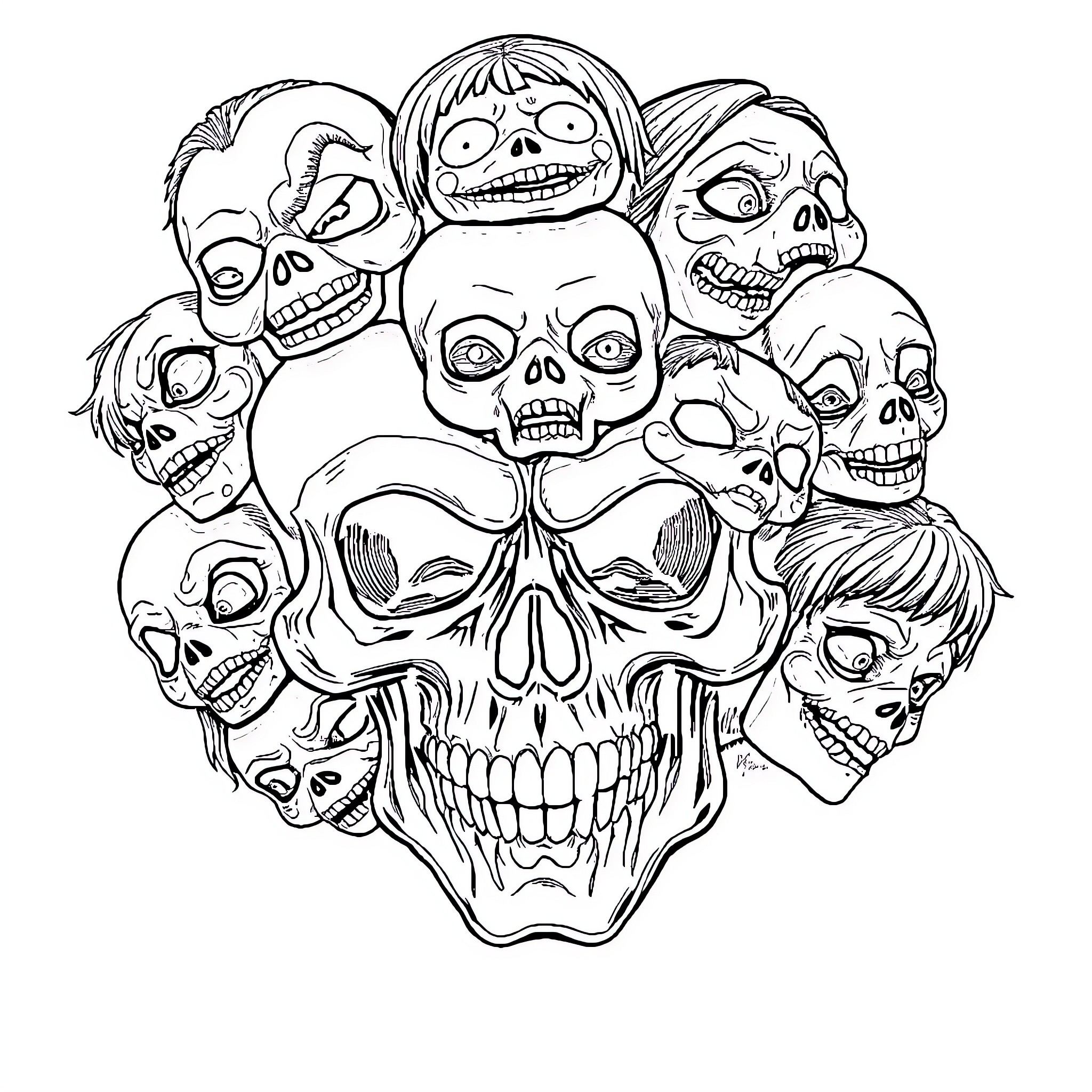 Doll of Spooky Skull Faces and Expressions Coloring Page (free black-and-white line drawing printable PDF for all, from beginners to advanced learners, including children, teens, adults, and seniors)