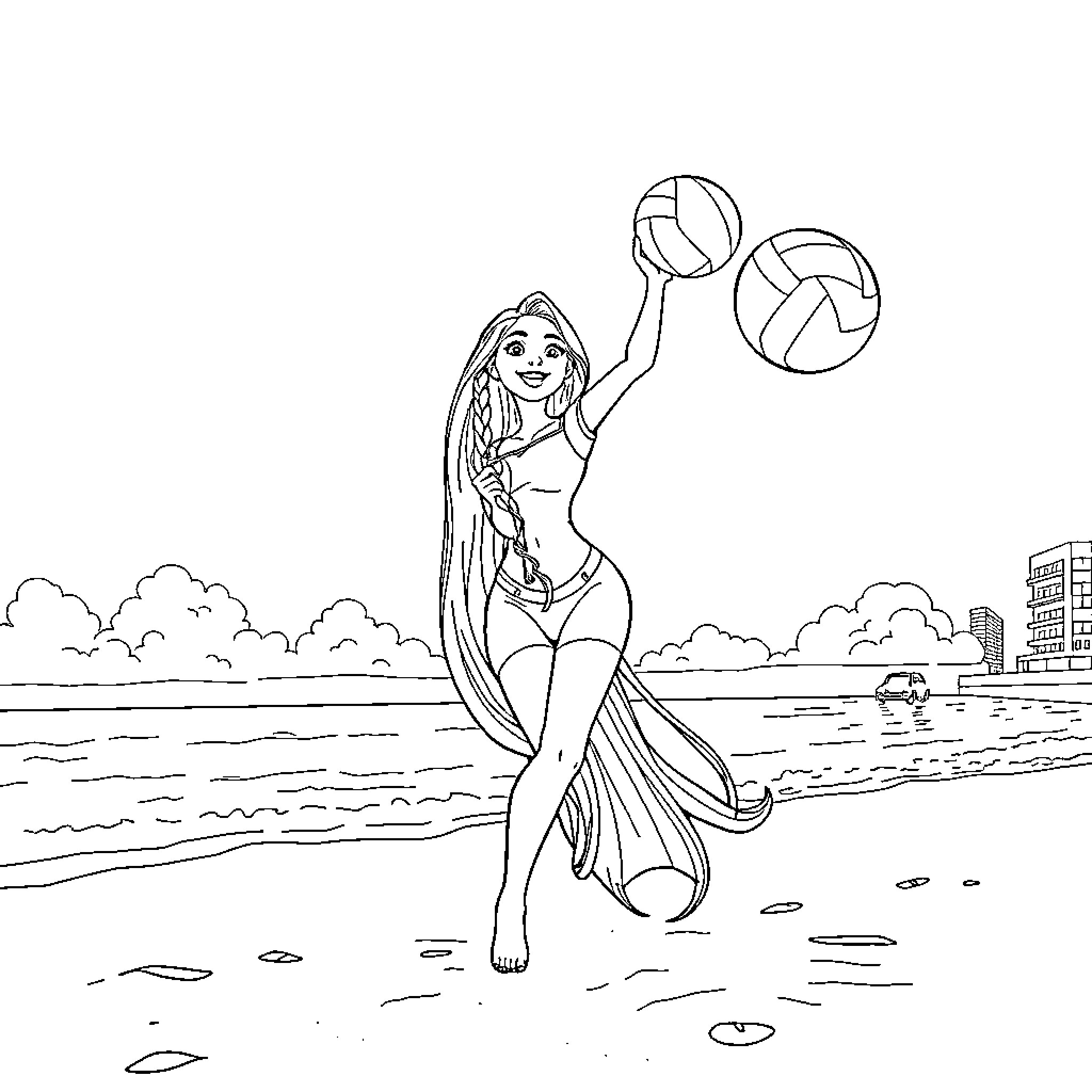 Rapunzel playing volleyball on the beach Coloring Page (free black-and-white line drawing printable PDF for all, from beginners to advanced learners, including children, teens, adults, and seniors)