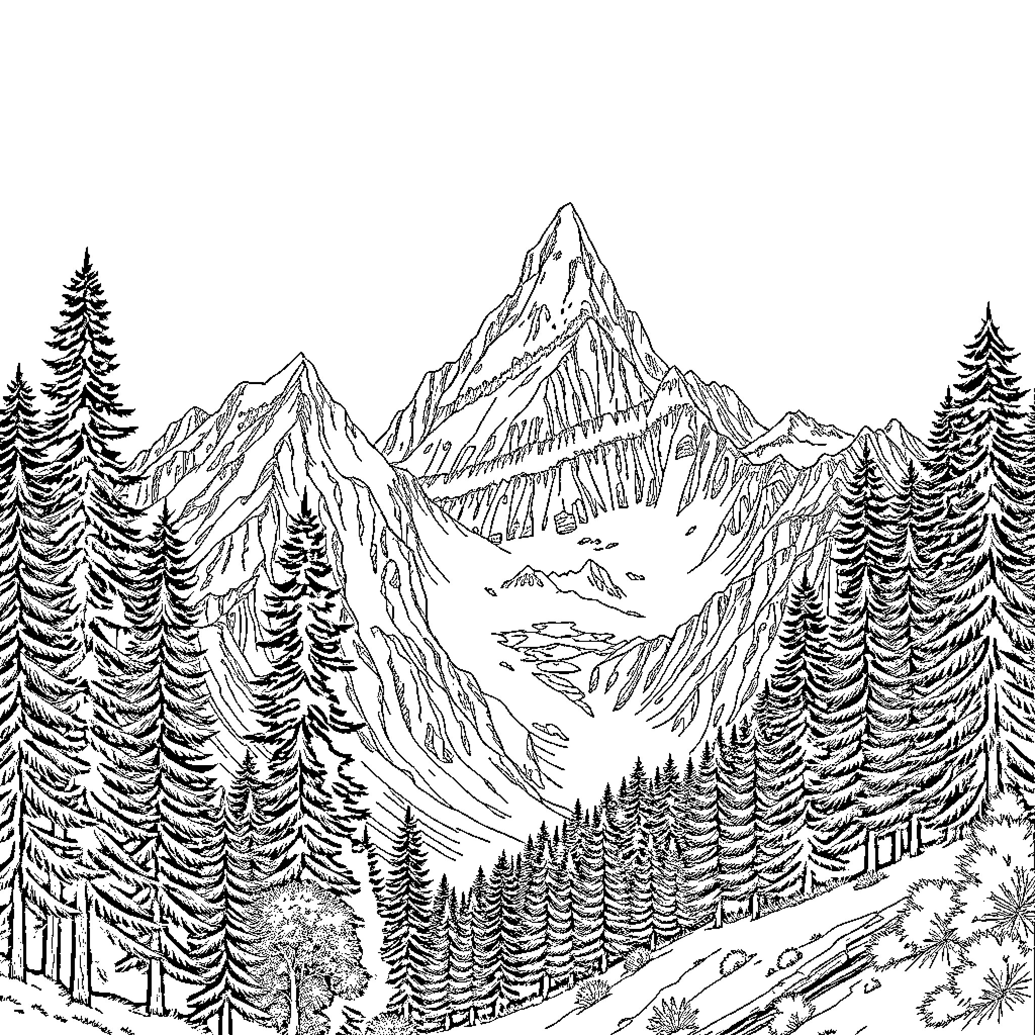 Mountain Landscape with Snowy Peaks and Evergreen Trees Coloring Page (free black-and-white line drawing printable PDF for all, from beginners to advanced learners, including children, teens, adults, and seniors)