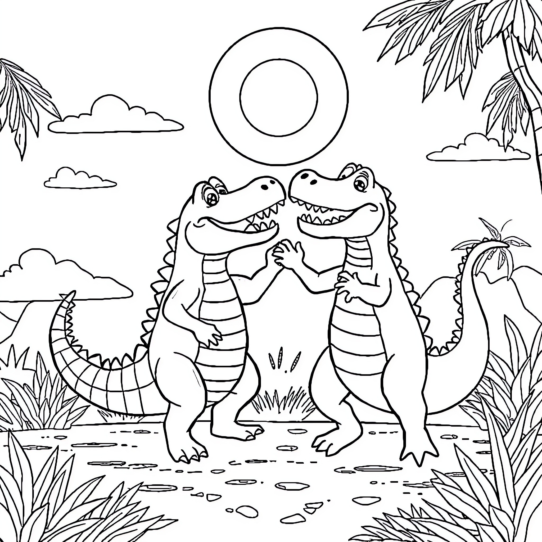 Crocodiles playing joyfully in tropical scenery Coloring Page (free black-and-white line drawing printable PDF for all, from beginners to advanced learners, including children, teens, adults, and seniors)