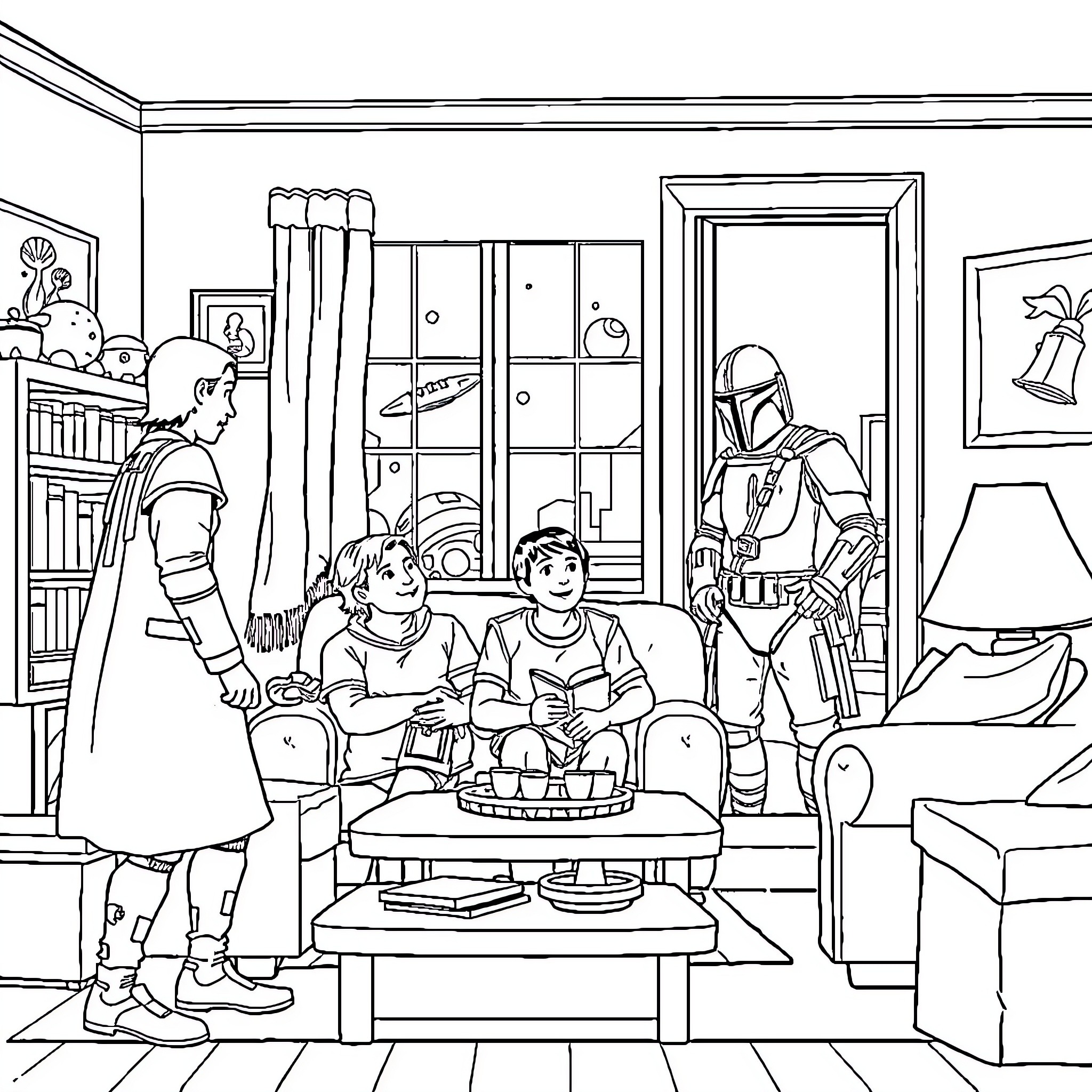 Mandalorian enjoying family time in cozy home Coloring Page (free black-and-white line drawing printable PDF for all, from beginners to advanced learners, including children, teens, adults, and seniors)