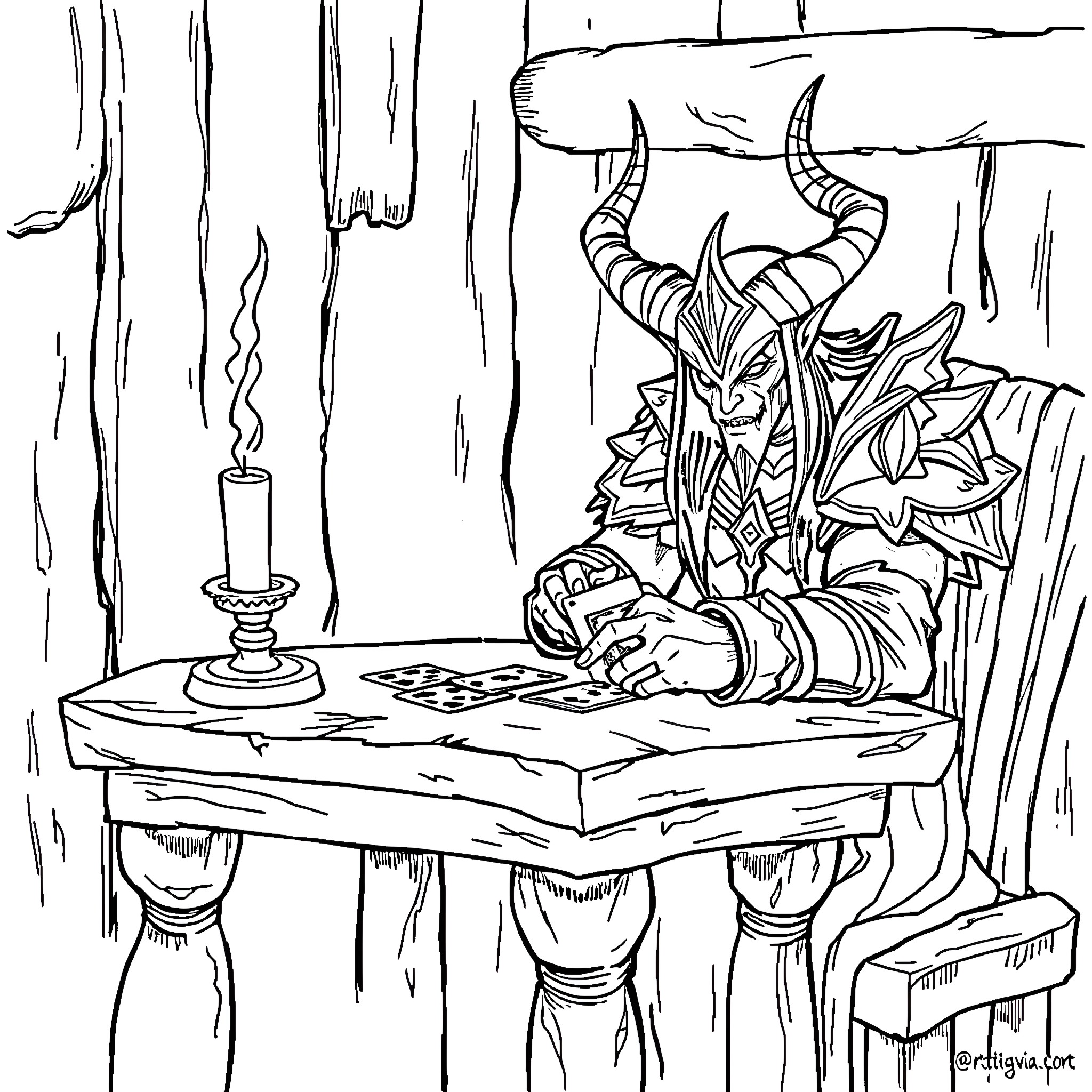Maiev Shadowsong plotting in a dimly lit chamber Coloring Page (free black-and-white line drawing printable PDF for all, from beginners to advanced learners, including children, teens, adults, and seniors)