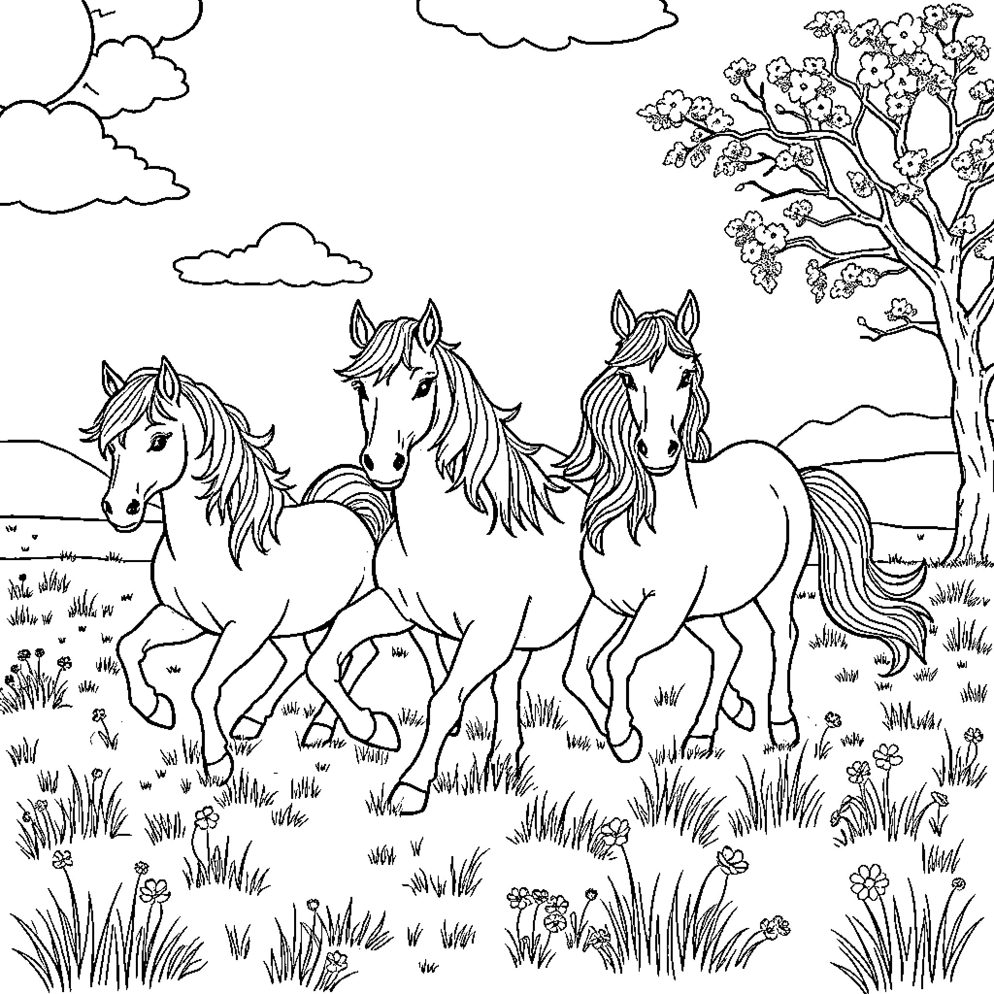 Pony herd frolicking in the meadow Coloring Page (free black-and-white line drawing printable PDF for all, from beginners to advanced learners, including children, teens, adults, and seniors)