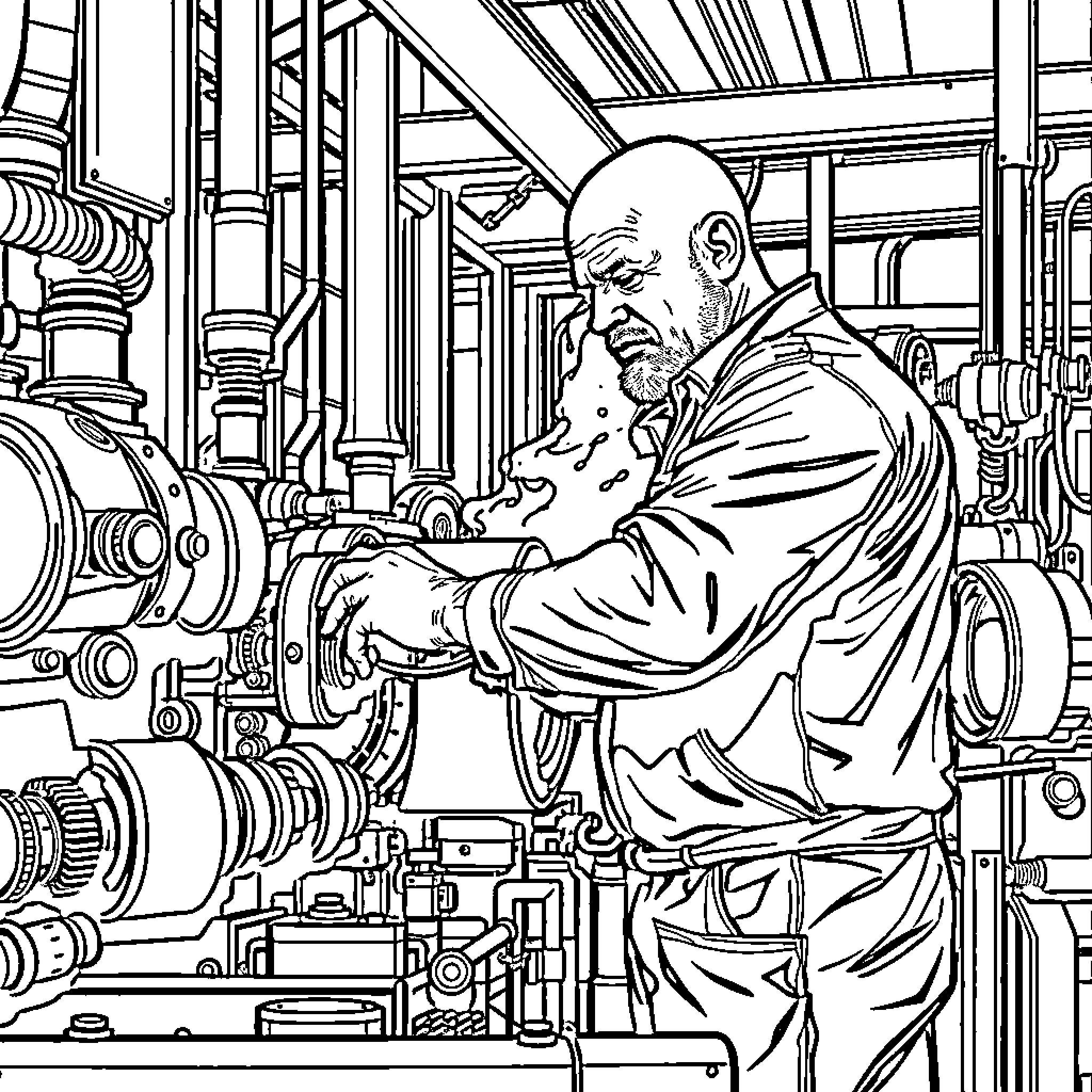 Man working intently on machinery in industrial setting Coloring Page (free black-and-white line drawing printable PDF for all, from beginners to advanced learners, including children, teens, adults, and seniors)
