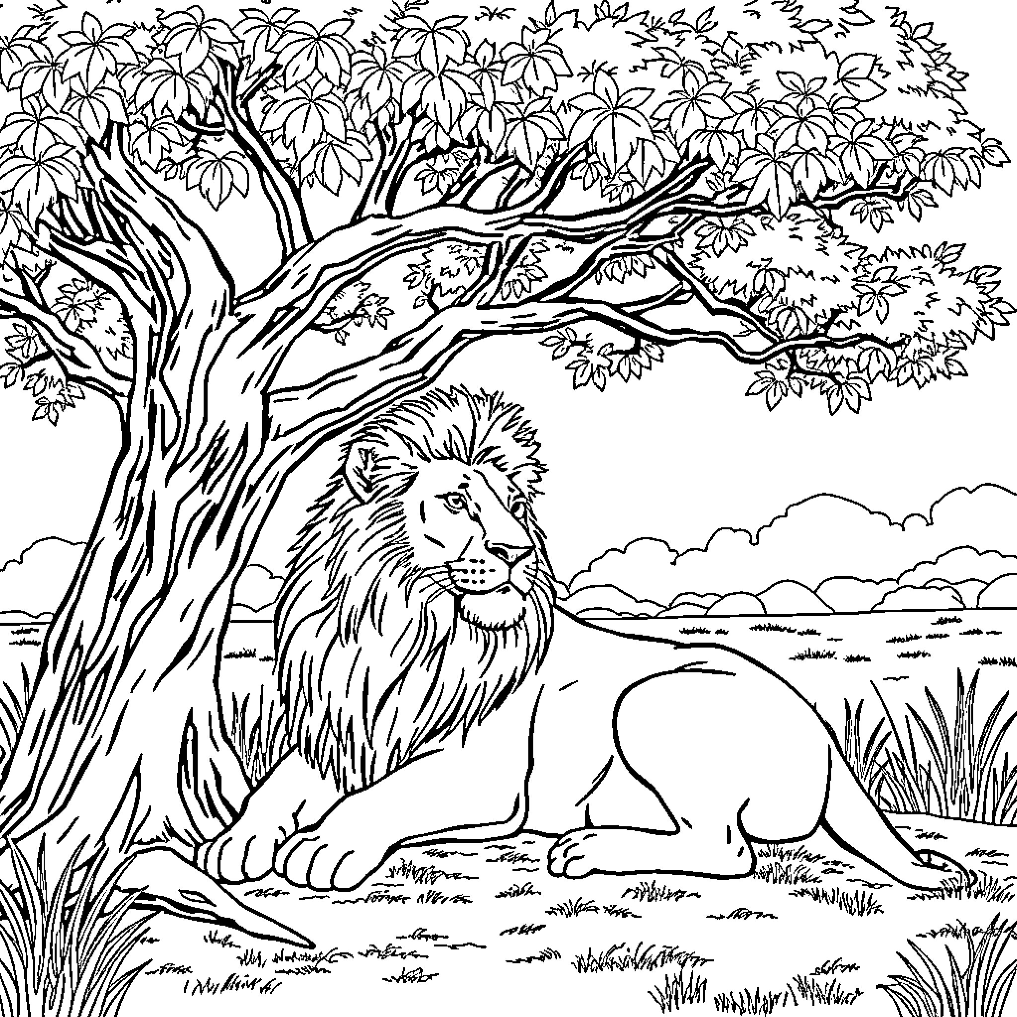 Lioness resting under the tree in the wild Coloring Page (free black-and-white line drawing printable PDF for all, from beginners to advanced learners, including children, teens, adults, and seniors)