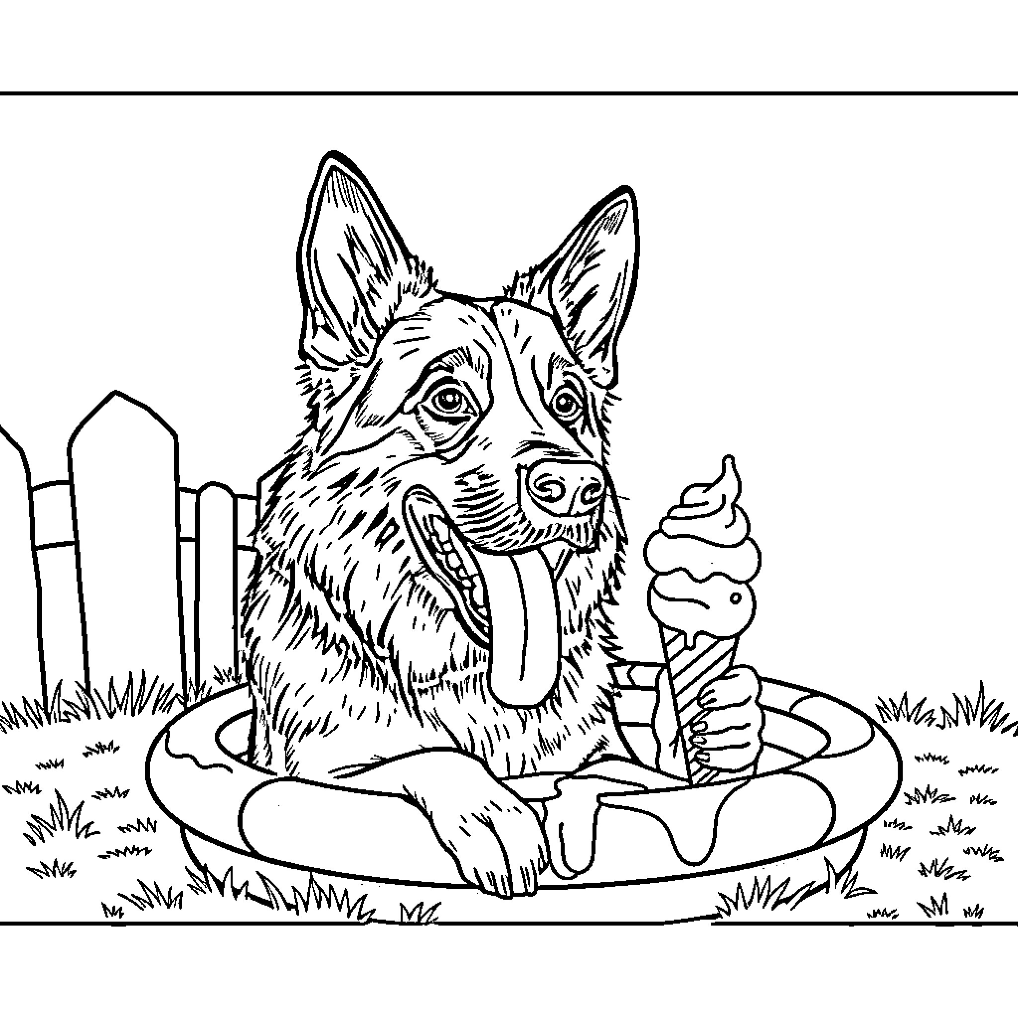 German Shepherd enjoying an ice cream treat in the yard Coloring Page (free black-and-white line drawing printable PDF for all, from beginners to advanced learners, including children, teens, adults, and seniors)