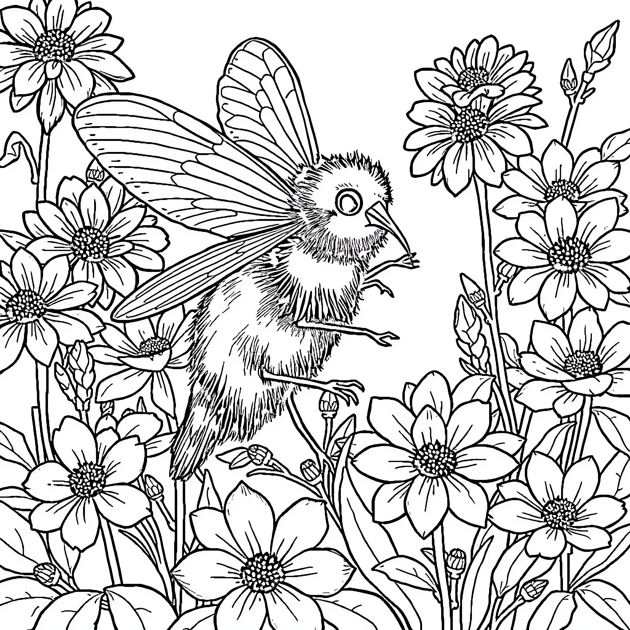 Hermes the Hummingbird among Vibrant Flowers Coloring Page (free black-and-white line drawing printable PDF for all, from beginners to advanced learners, including children, teens, adults, and seniors)
