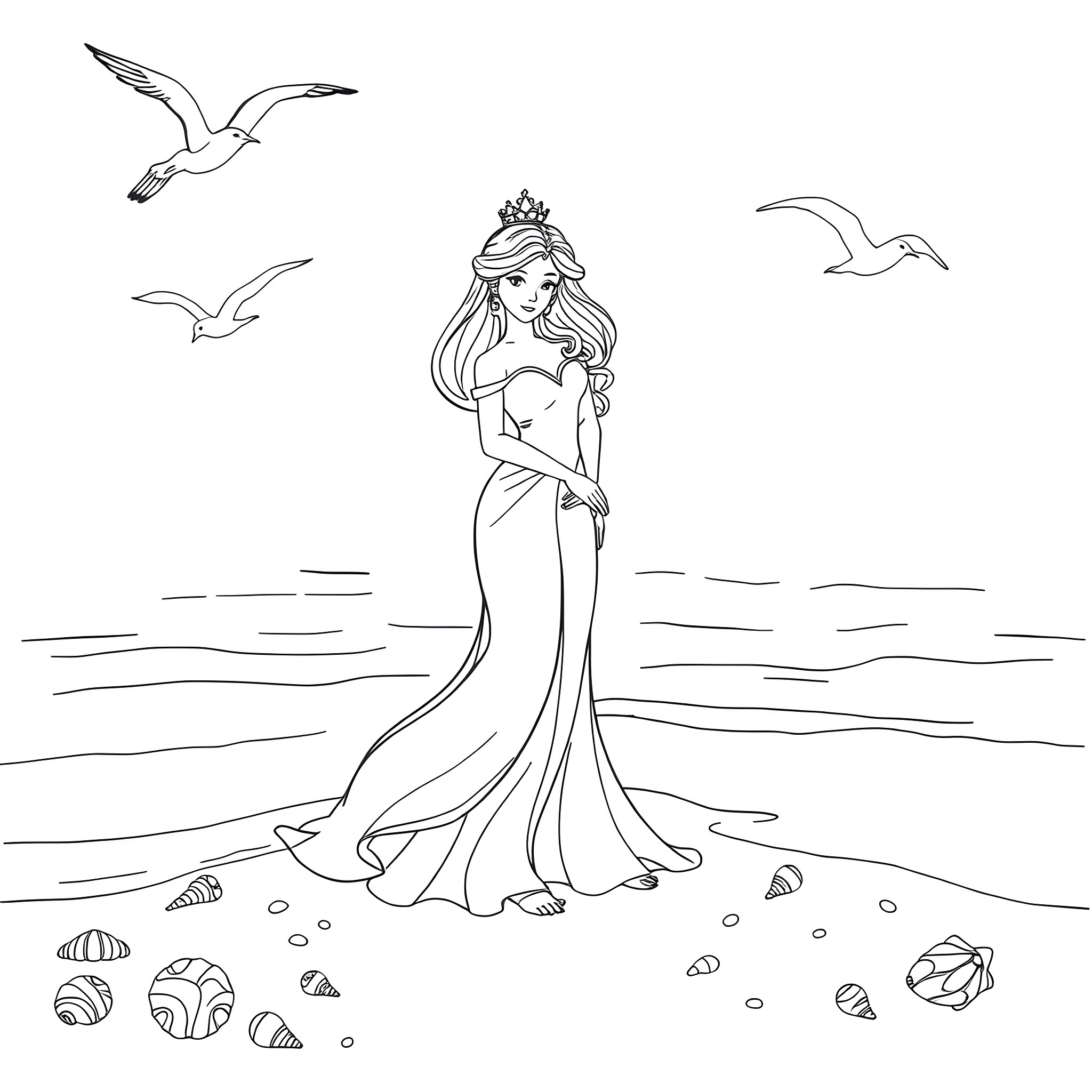 Princess by the Seashore with Seagulls Coloring Page (free black-and-white line drawing printable PDF for all, from beginners to advanced learners, including children, teens, adults, and seniors)