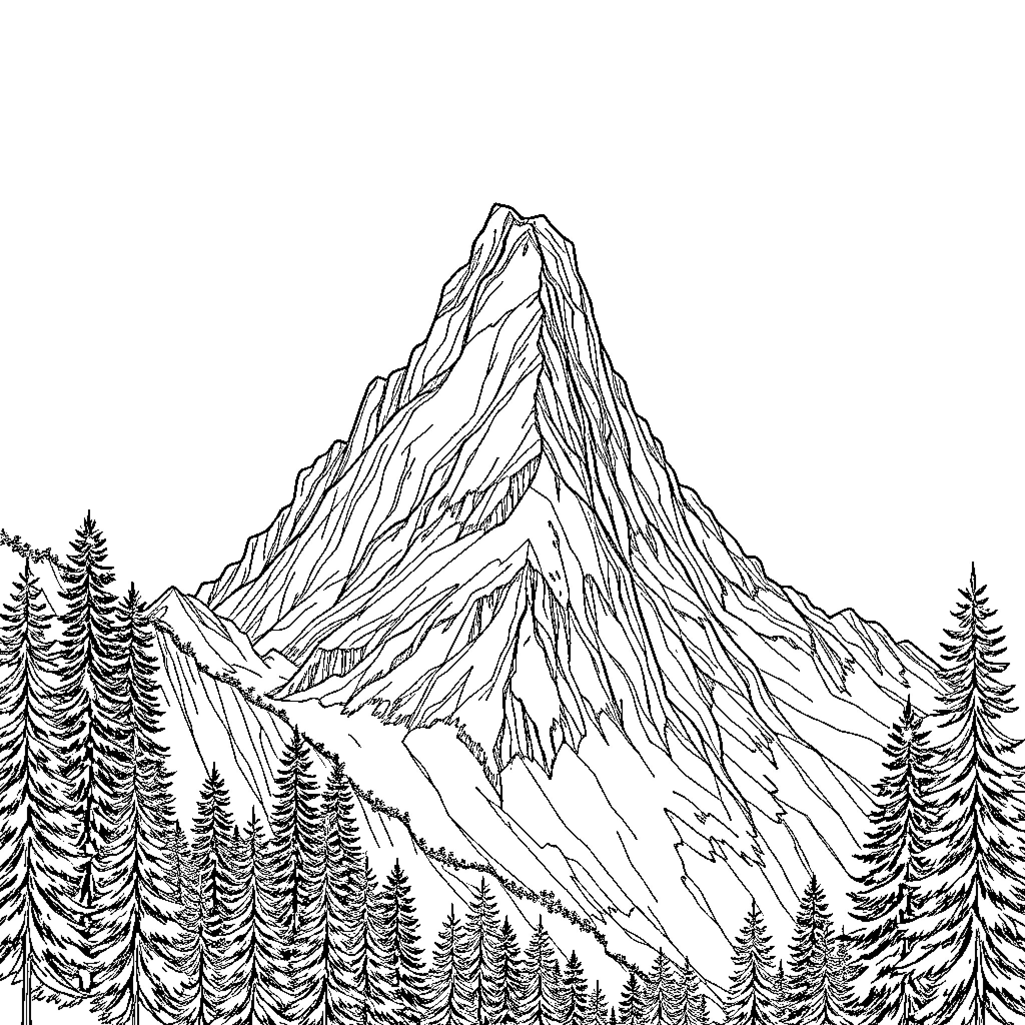 Mountain peak amid evergreen forest Coloring Page (free black-and-white line drawing printable PDF for all, from beginners to advanced learners, including children, teens, adults, and seniors)