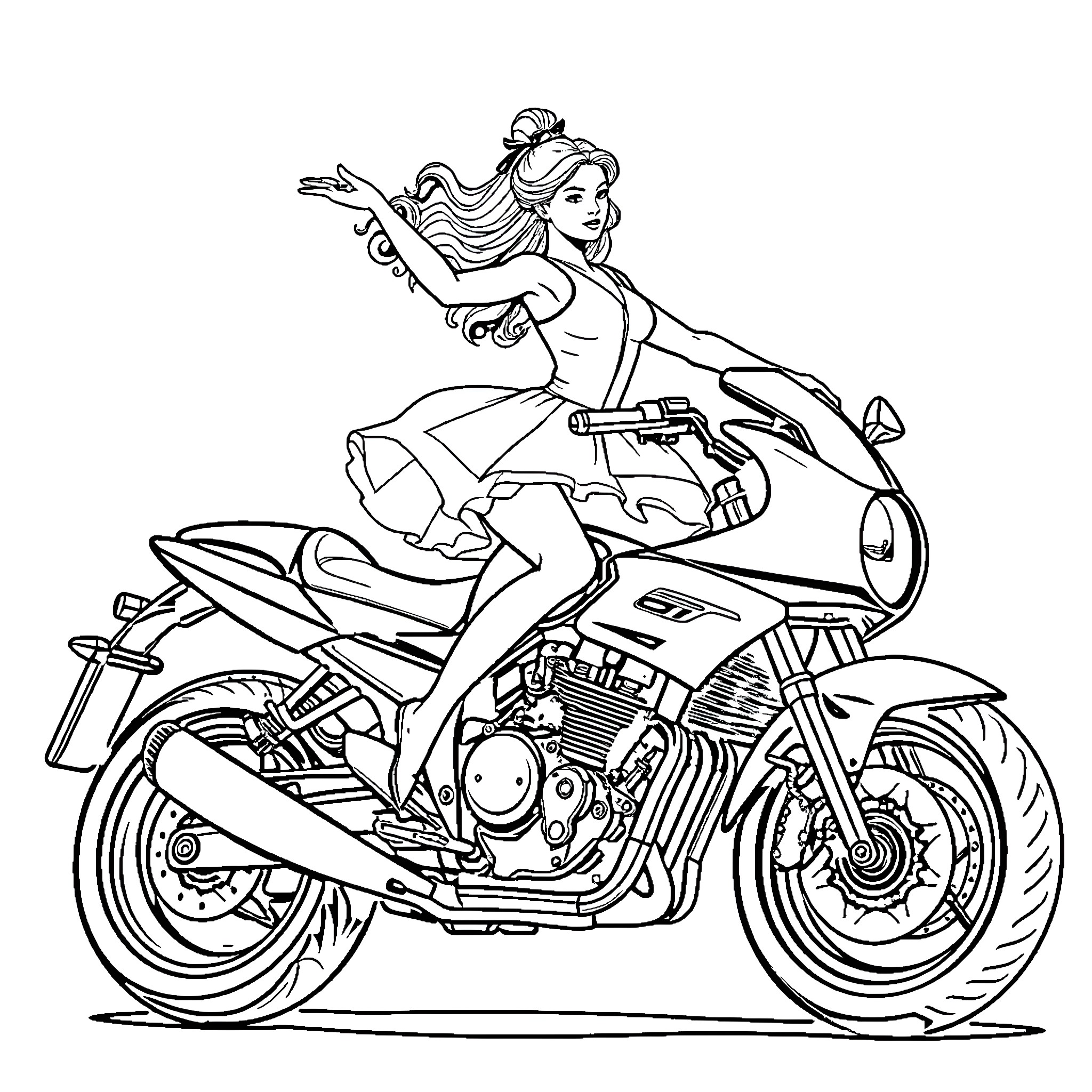Ballerina riding a powerful motorcycle with grace Coloring Page (free black-and-white line drawing printable PDF for all, from beginners to advanced learners, including children, teens, adults, and seniors)