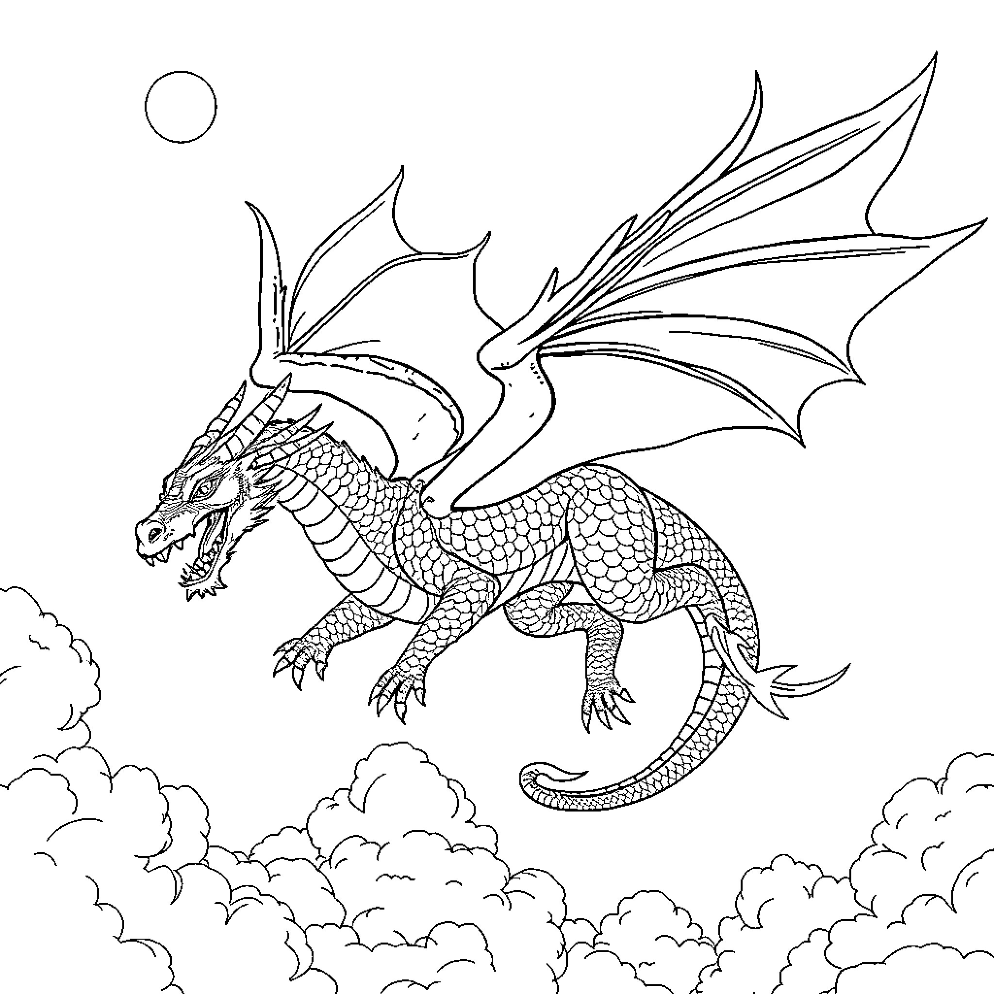 Dragon soaring through the cloudy skies Coloring Page (free black-and-white line drawing printable PDF for all, from beginners to advanced learners, including children, teens, adults, and seniors)