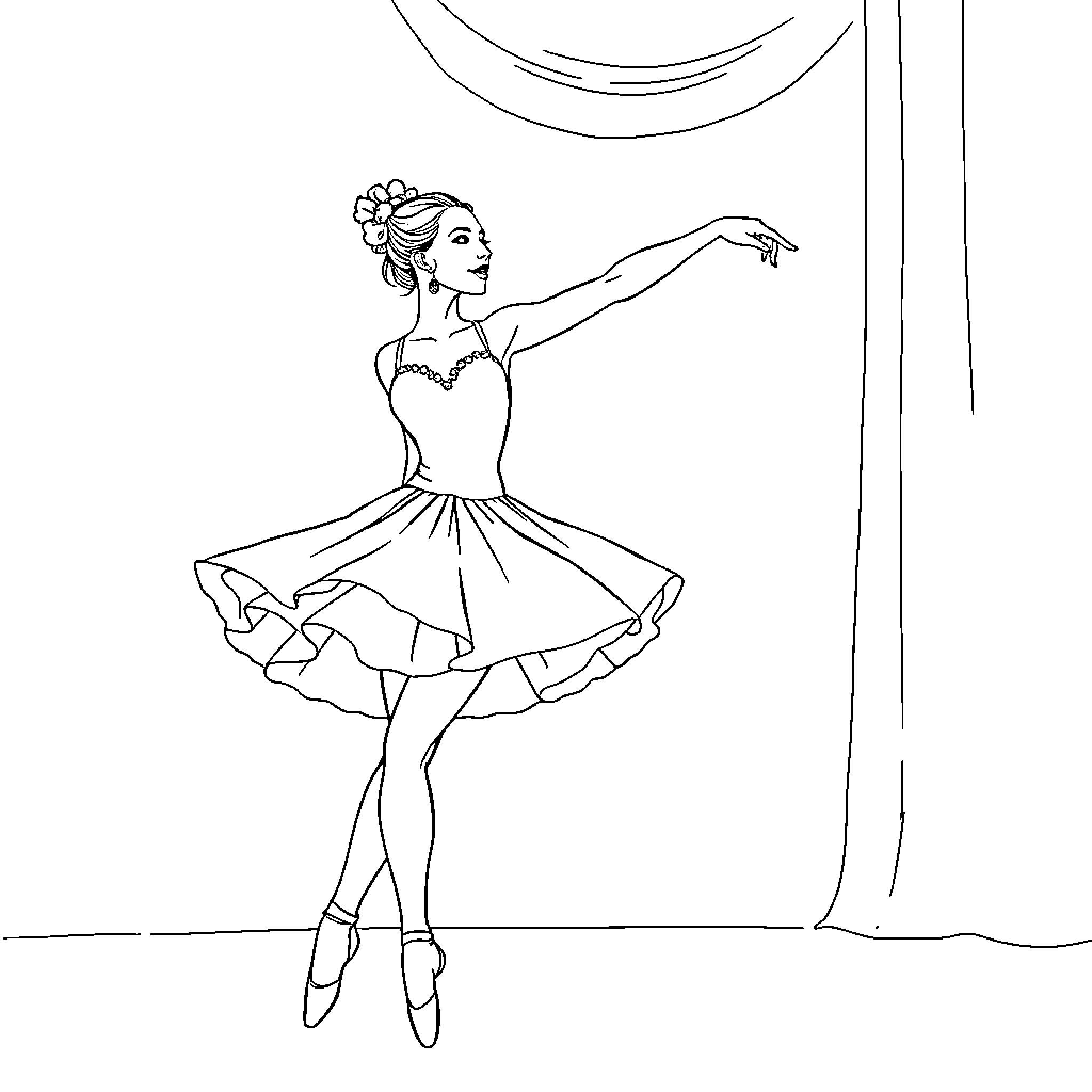 Ballerina gracefully performing on stage Coloring Page (free black-and-white line drawing printable PDF for all, from beginners to advanced learners, including children, teens, adults, and seniors)