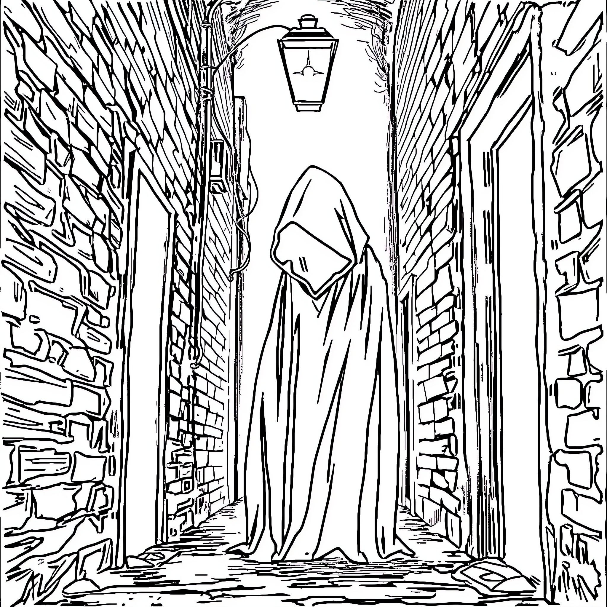 Anomaly - Cloaked figure in a mysterious alleyway Coloring Page (free black-and-white line drawing printable PDF for all, from beginners to advanced learners, including children, teens, adults, and seniors)