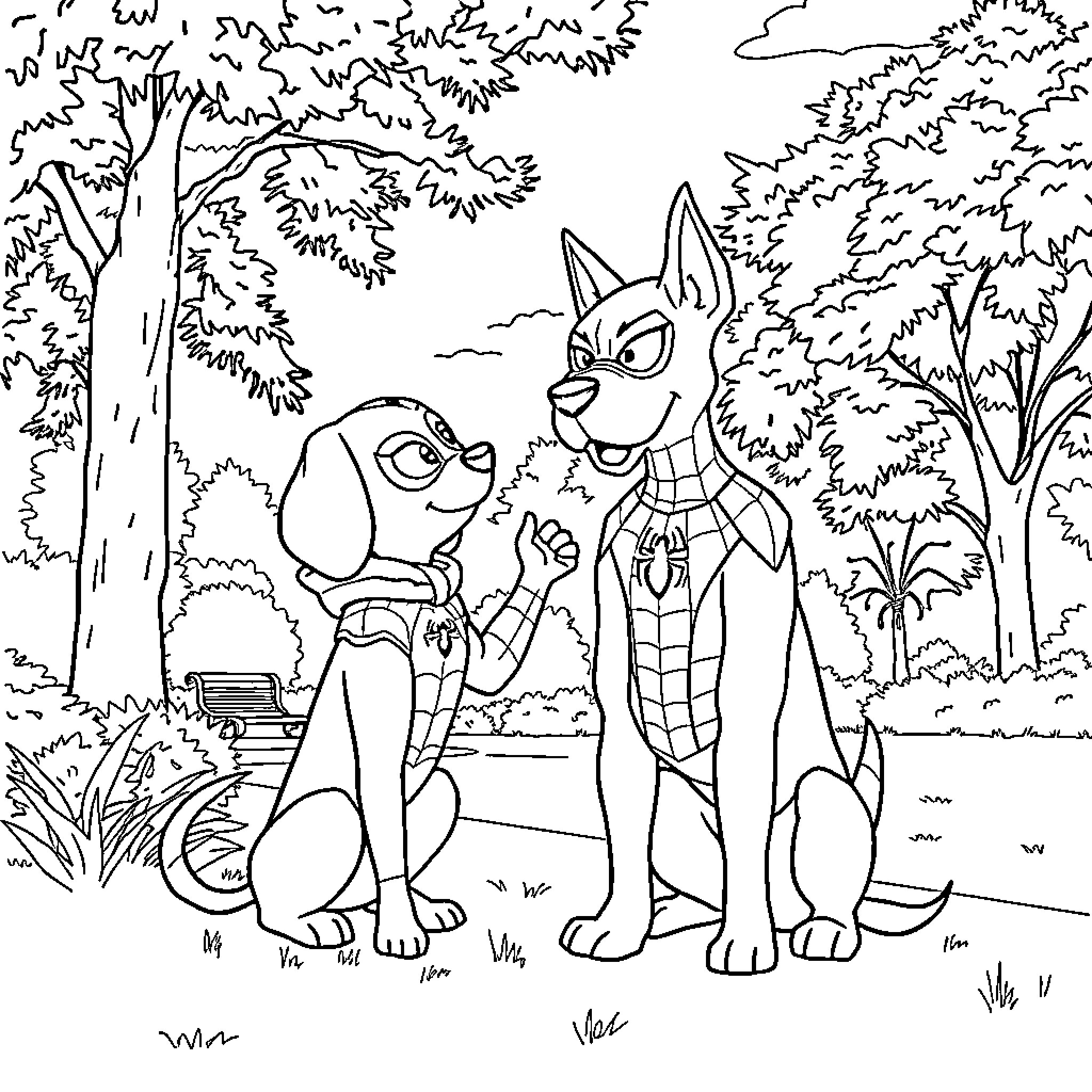 Paw Patrol characters on a nature adventure Coloring Page (free black-and-white line drawing printable PDF for all, from beginners to advanced learners, including children, teens, adults, and seniors)