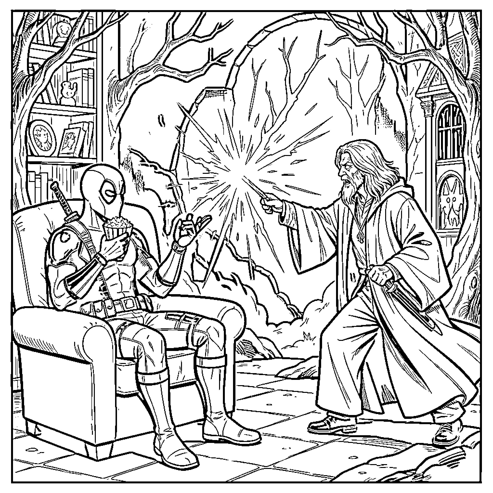 Deadpool confronts a magical sorcerer in a mystical forest Coloring Page (free black-and-white line drawing printable PDF for all, from beginners to advanced learners, including children, teens, adults, and seniors)