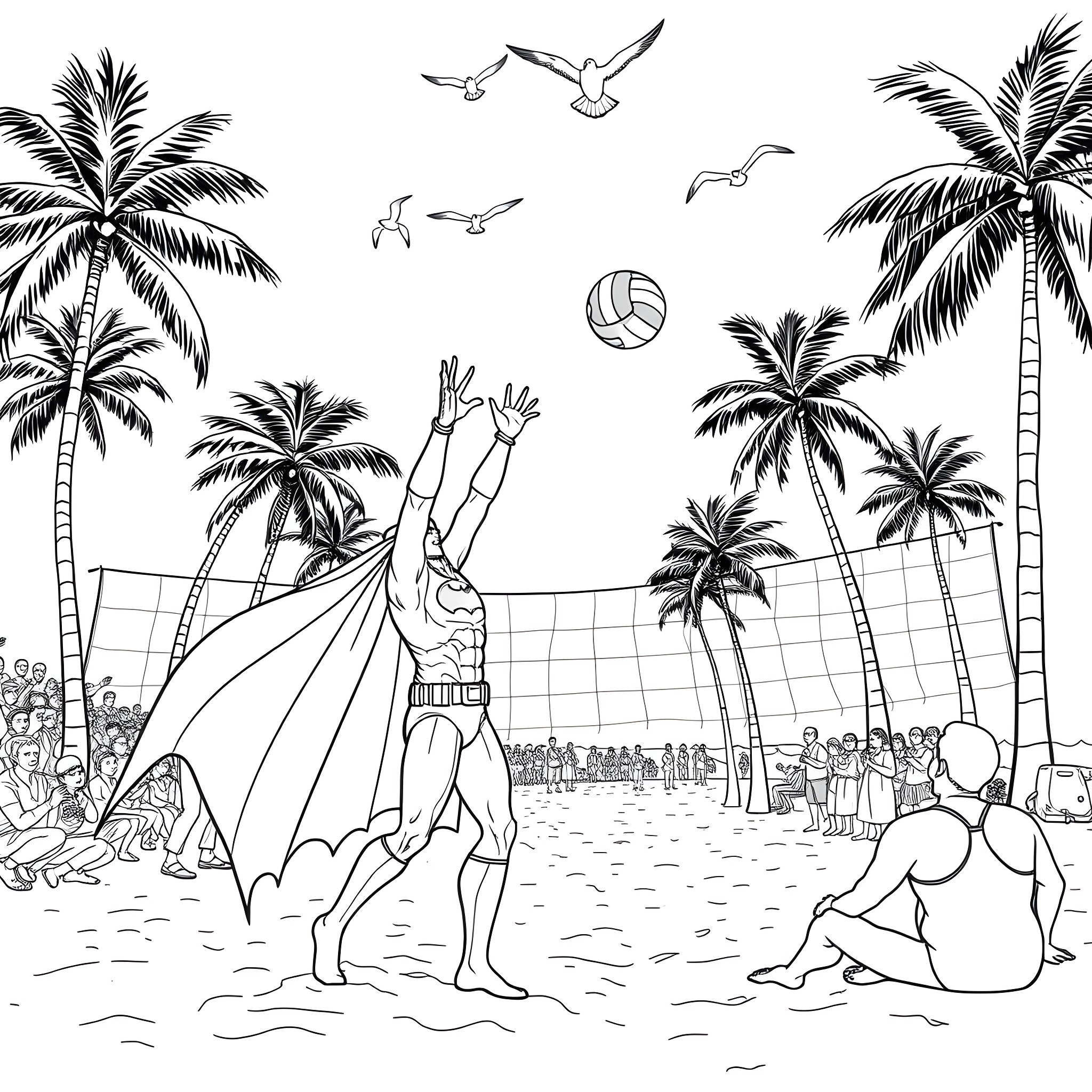 Batman playing volleyball on a tropical beach Coloring Page (free black-and-white line drawing printable PDF for all, from beginners to advanced learners, including children, teens, adults, and seniors)