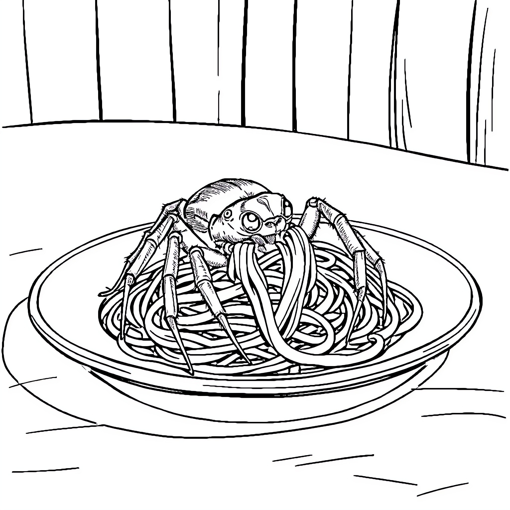 Spider Enjoying a Bowl of Spaghetti Coloring Page (free black-and-white line drawing printable PDF for all, from beginners to advanced learners, including children, teens, adults, and seniors)