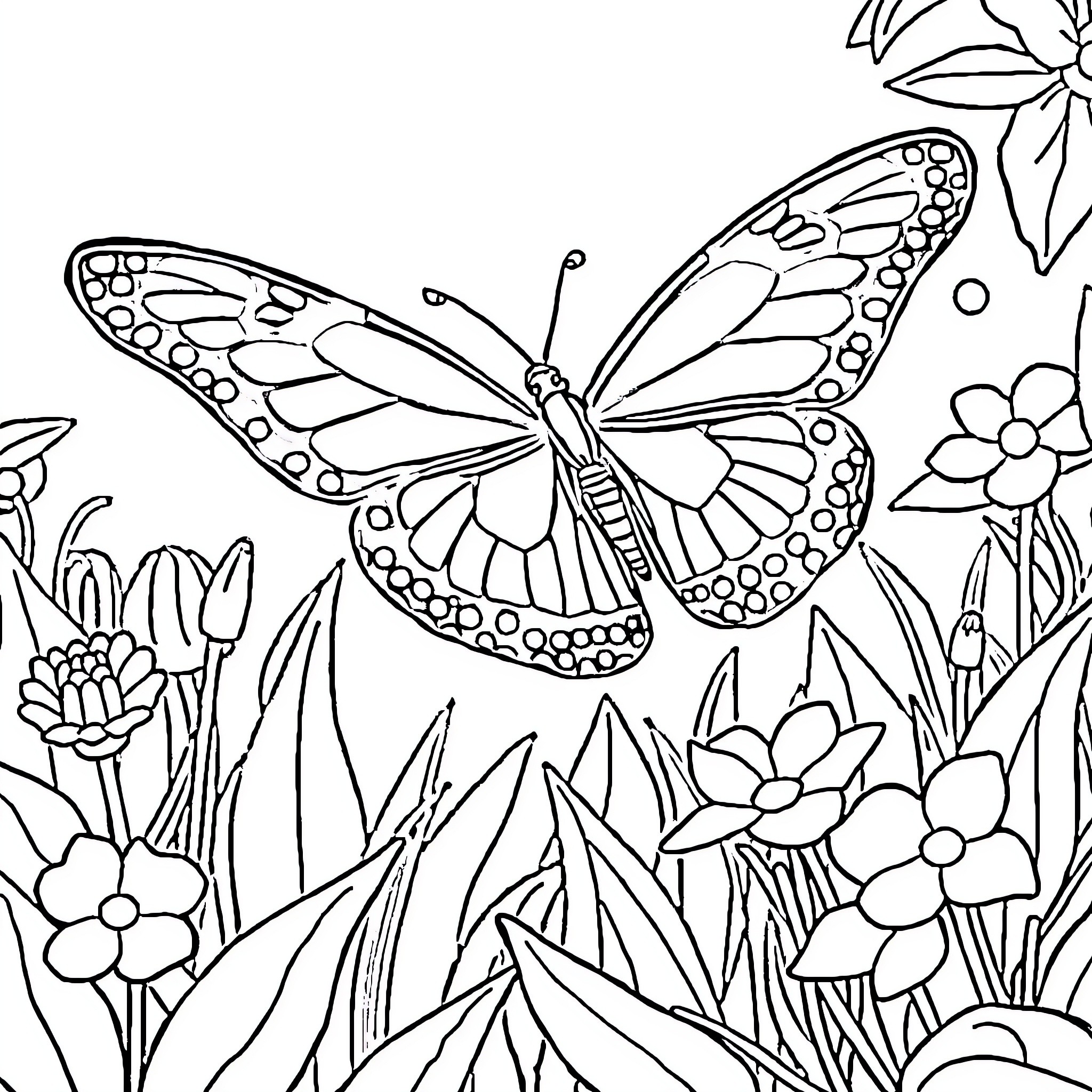 Butterfly amidst flowers and foliage Coloring Page (free black-and-white line drawing printable PDF for all, from beginners to advanced learners, including children, teens, adults, and seniors)