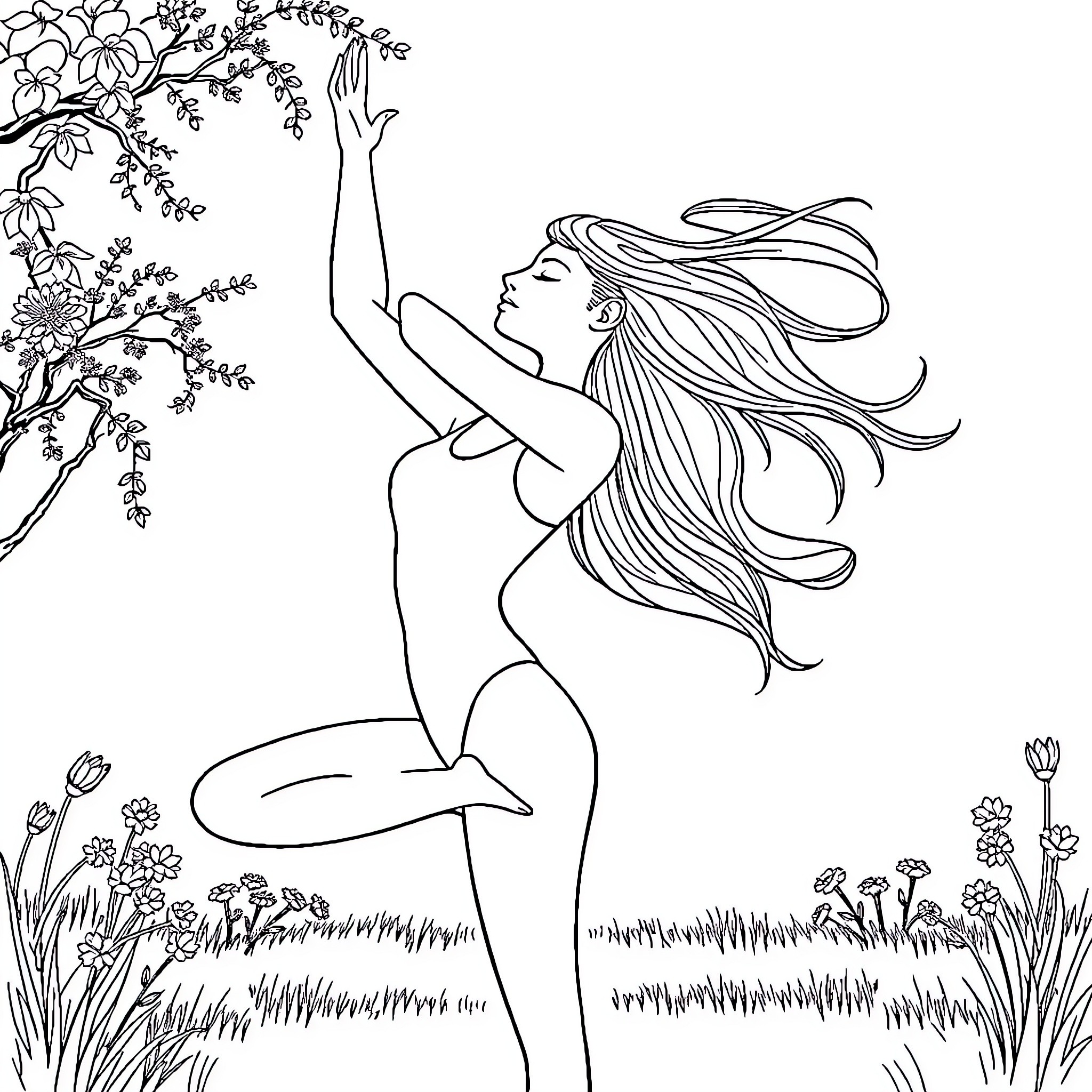Woman dancing gracefully in a floral garden Coloring Page (free black-and-white line drawing printable PDF for all, from beginners to advanced learners, including children, teens, adults, and seniors)