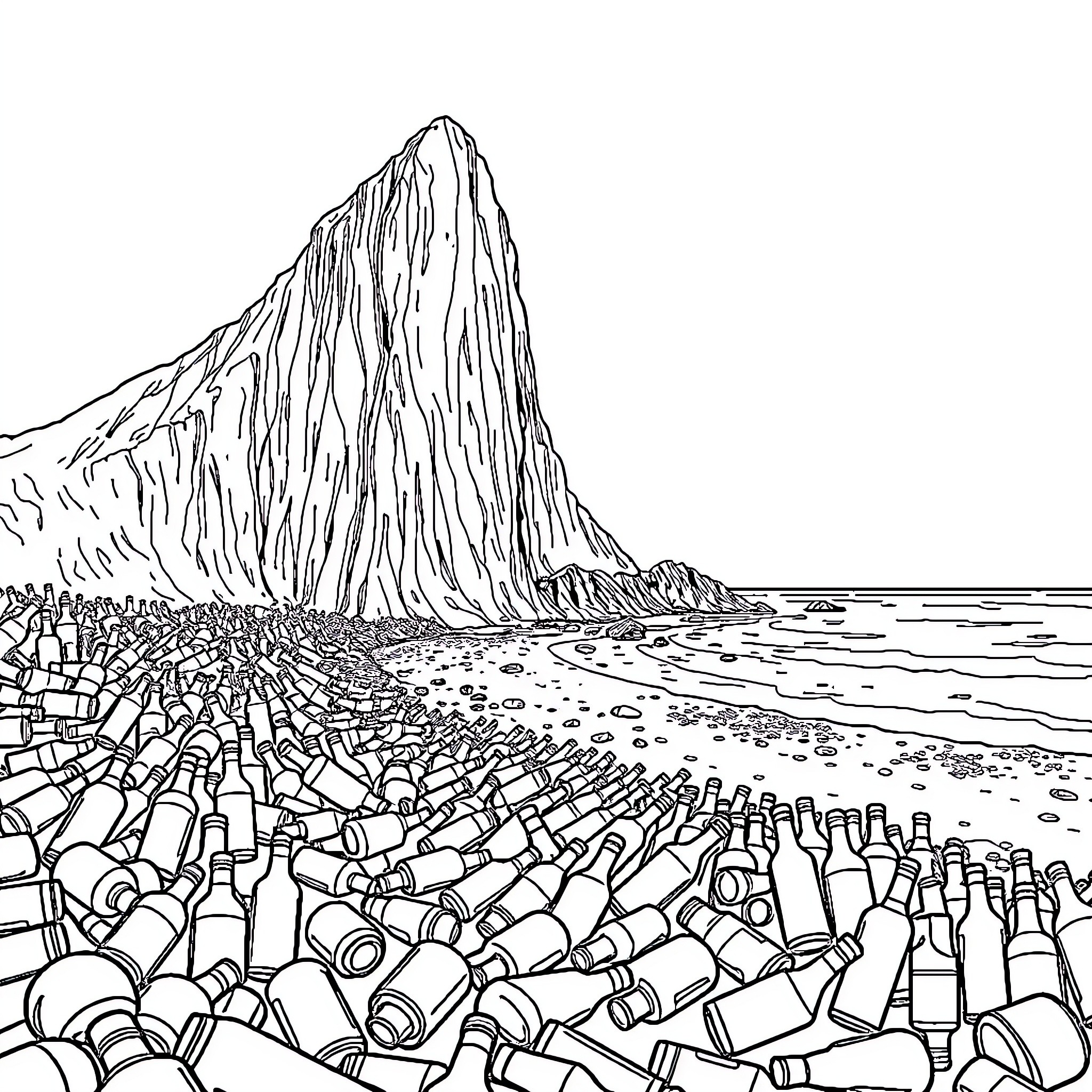 Bottle-filled coastline with towering mountain Coloring Page (free black-and-white line drawing printable PDF for all, from beginners to advanced learners, including children, teens, adults, and seniors)
