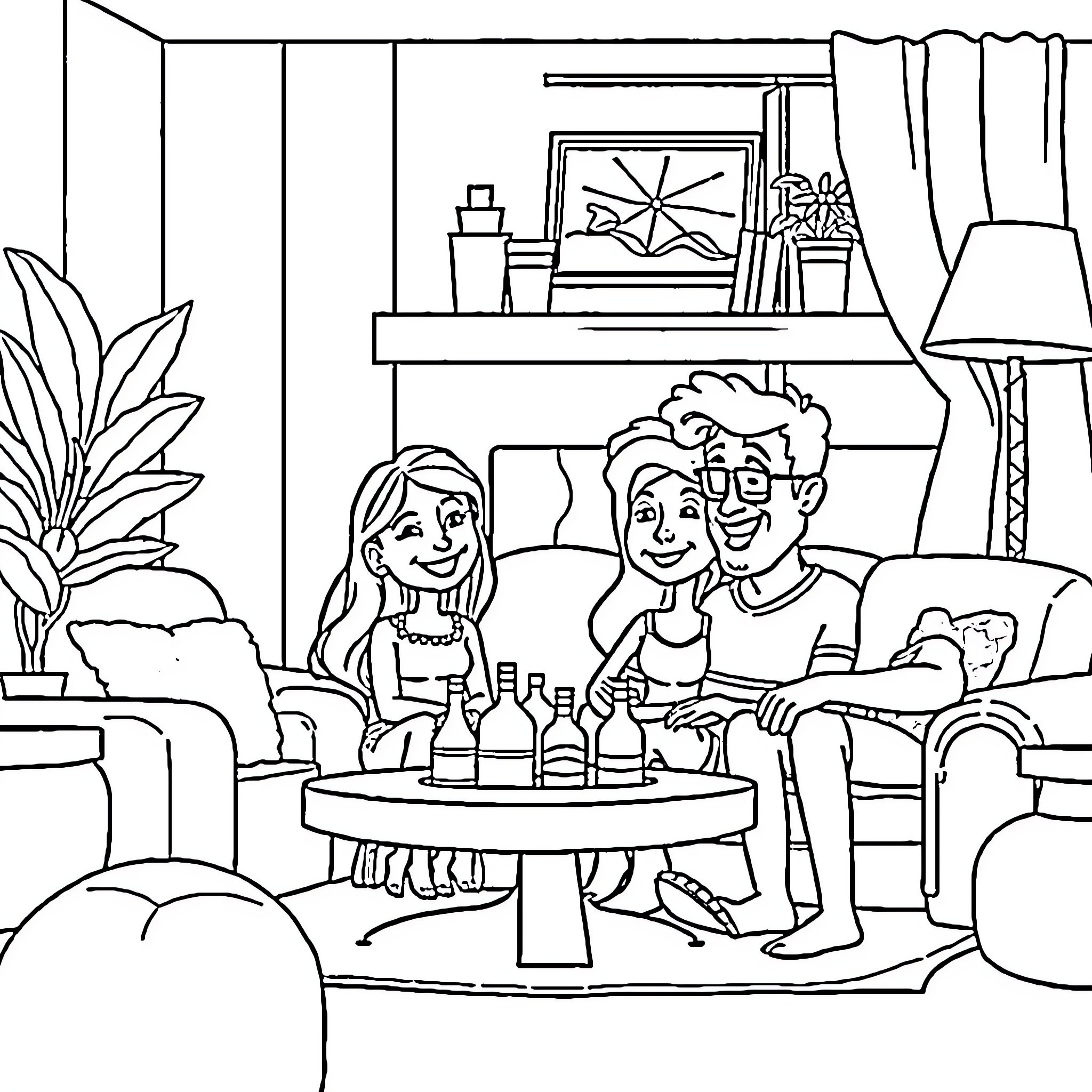 Family enjoying a cozy evening at home Coloring Page (free black-and-white line drawing printable PDF for all, from beginners to advanced learners, including children, teens, adults, and seniors)