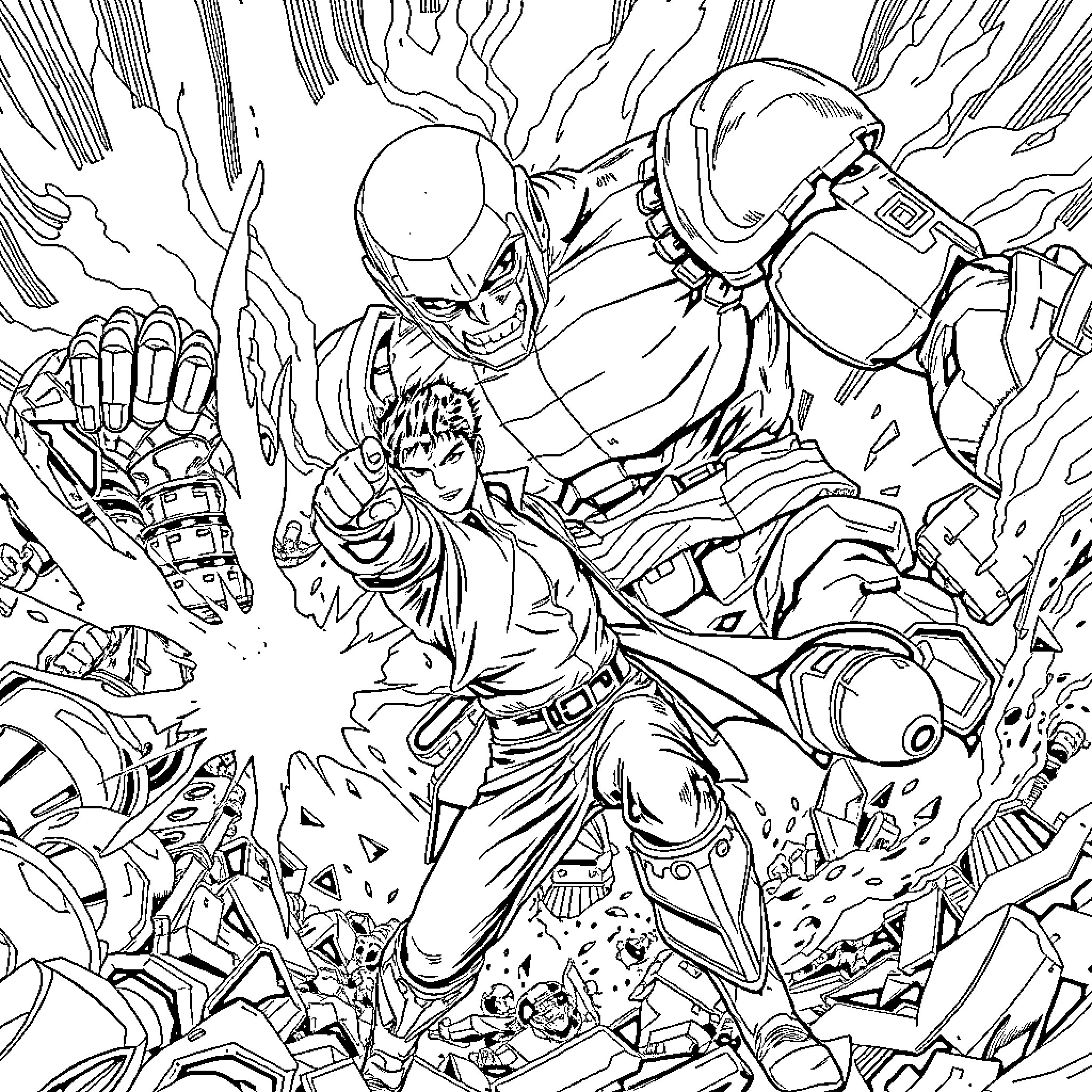 Levi's Heroic Battle Against Formidable Foes Coloring Page (free black-and-white line drawing printable PDF for all, from beginners to advanced learners, including children, teens, adults, and seniors)