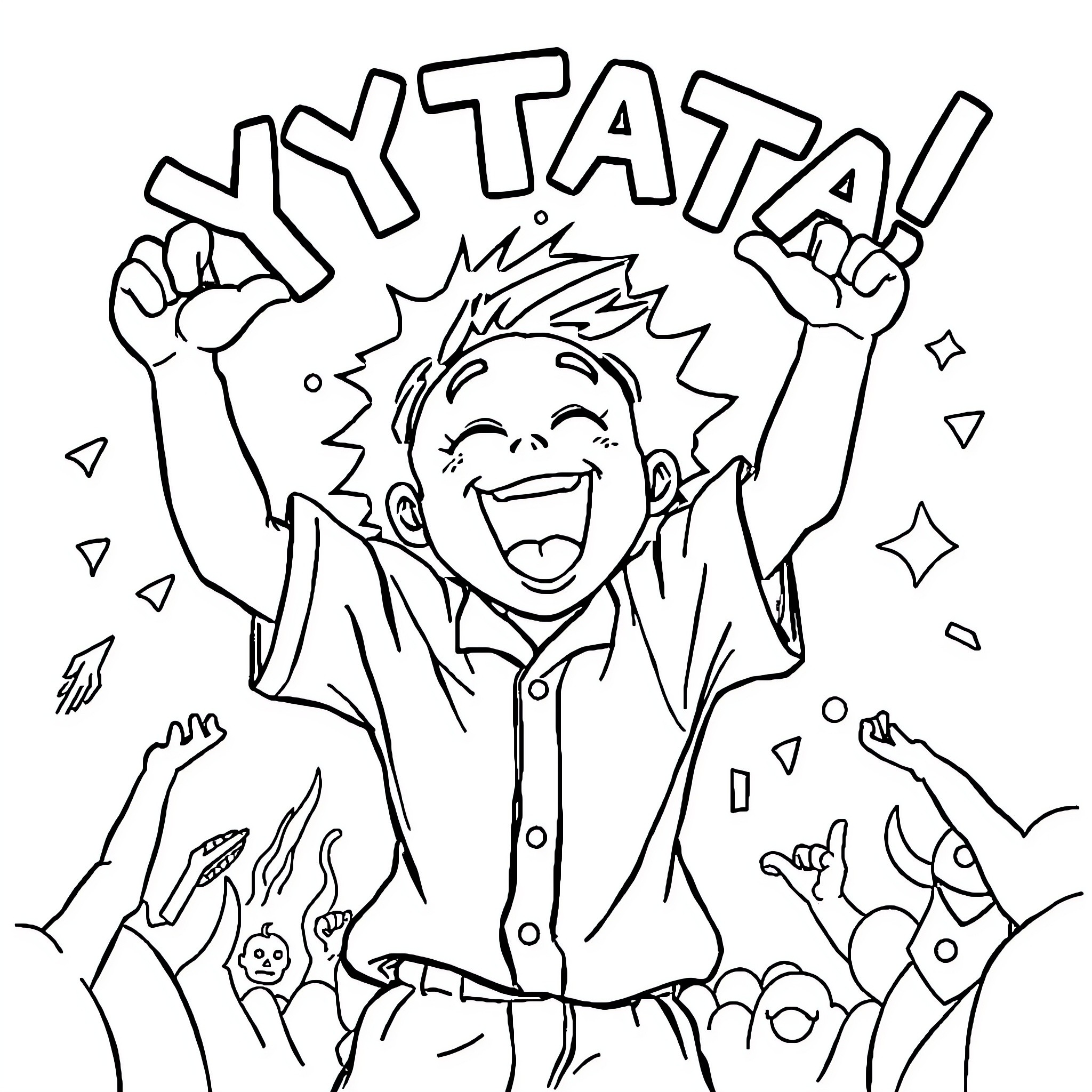 Yatta! Excited young person celebrates with arms raised Coloring Page (free black-and-white line drawing printable PDF for all, from beginners to advanced learners, including children, teens, adults, and seniors)