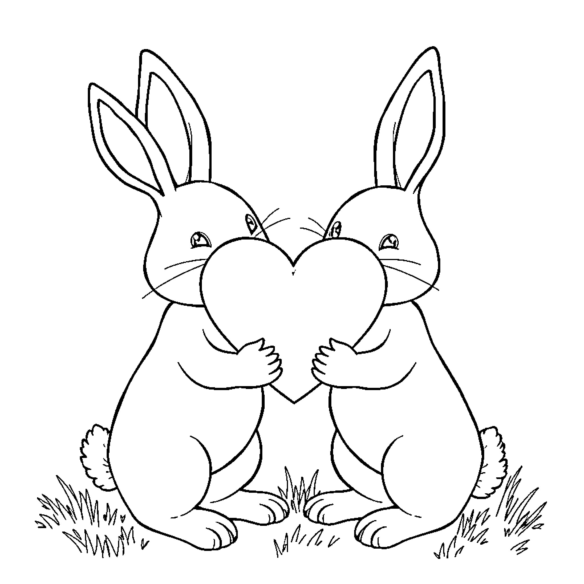 Bunnies holding hearts in grassy field Coloring Page (free black-and-white line drawing printable PDF for all, from beginners to advanced learners, including children, teens, adults, and seniors)