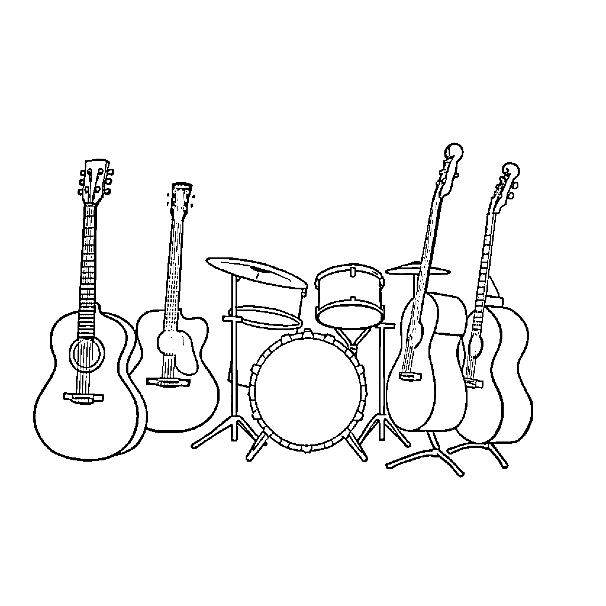 Music Instrument Collection of Guitars and Drums Coloring Page (free black-and-white line drawing printable PDF for all, from beginners to advanced learners, including children, teens, adults, and seniors)