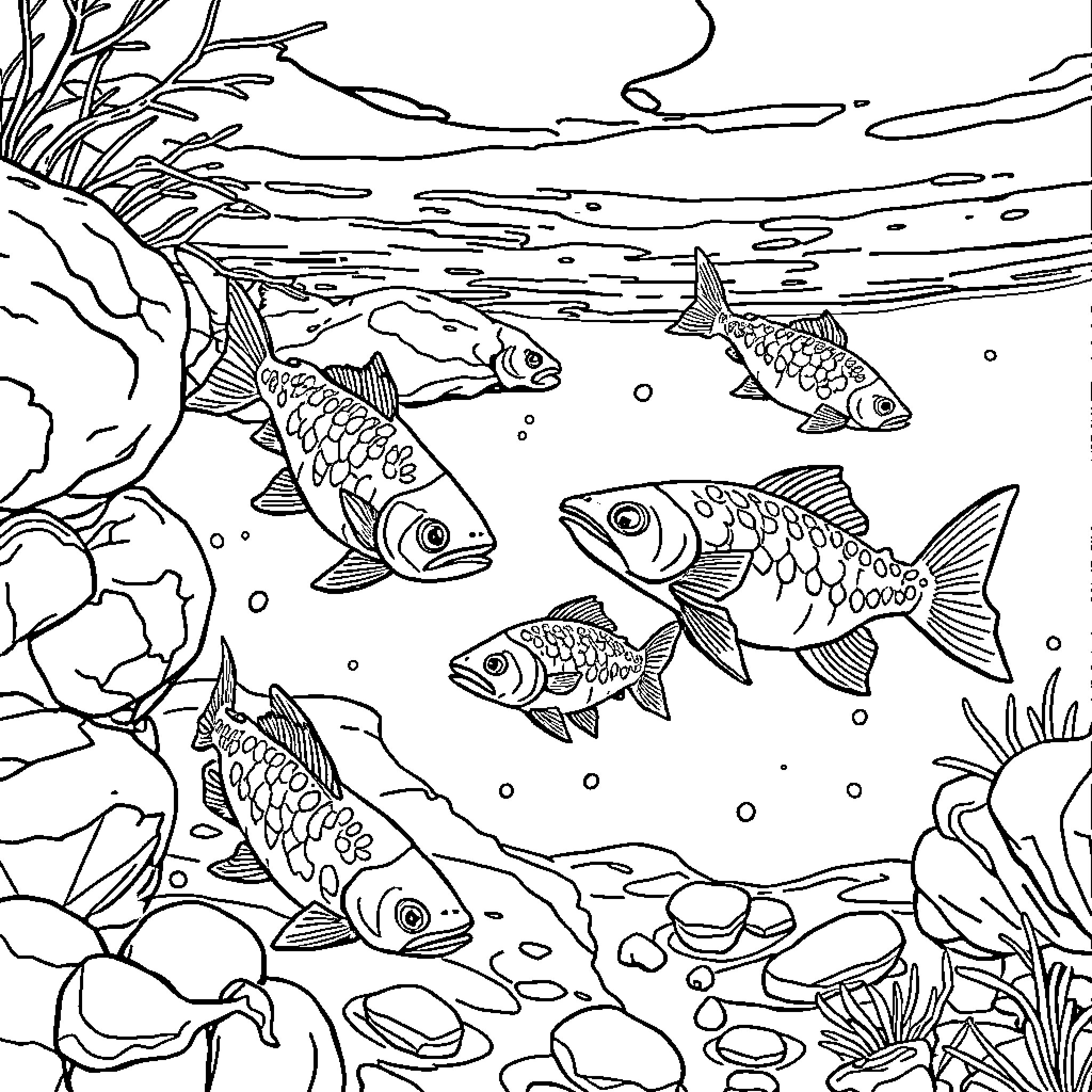 Fish swimming in underwater seascape Coloring Page (free black-and-white line drawing printable PDF for all, from beginners to advanced learners, including children, teens, adults, and seniors)