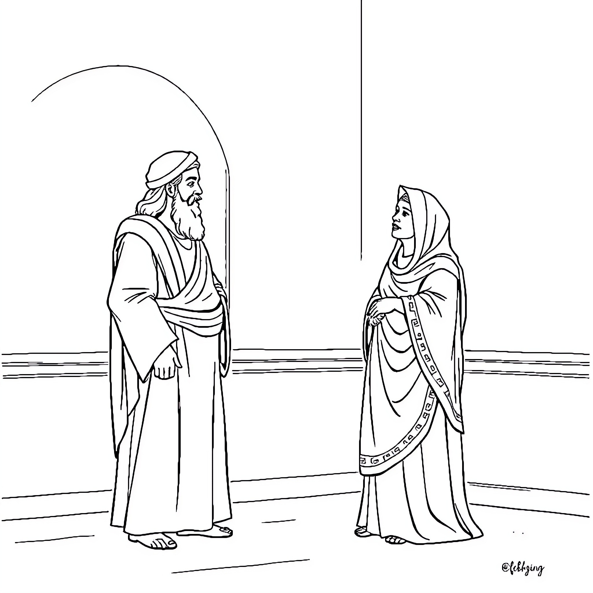 Elisha's Encounter with a Veiled Woman Coloring Page (free black-and-white line drawing printable PDF for all, from beginners to advanced learners, including children, teens, adults, and seniors)