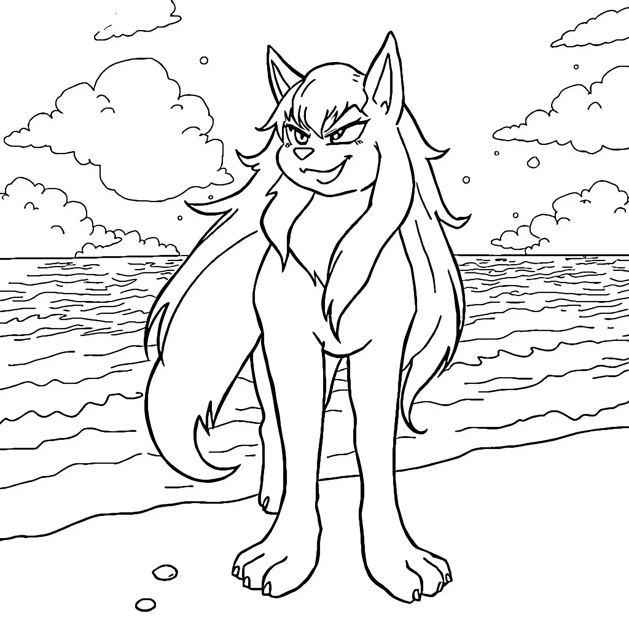 Sesshomaru's Fierce Stance by the Coastal Waves Coloring Page (free black-and-white line drawing printable PDF for all, from beginners to advanced learners, including children, teens, adults, and seniors)