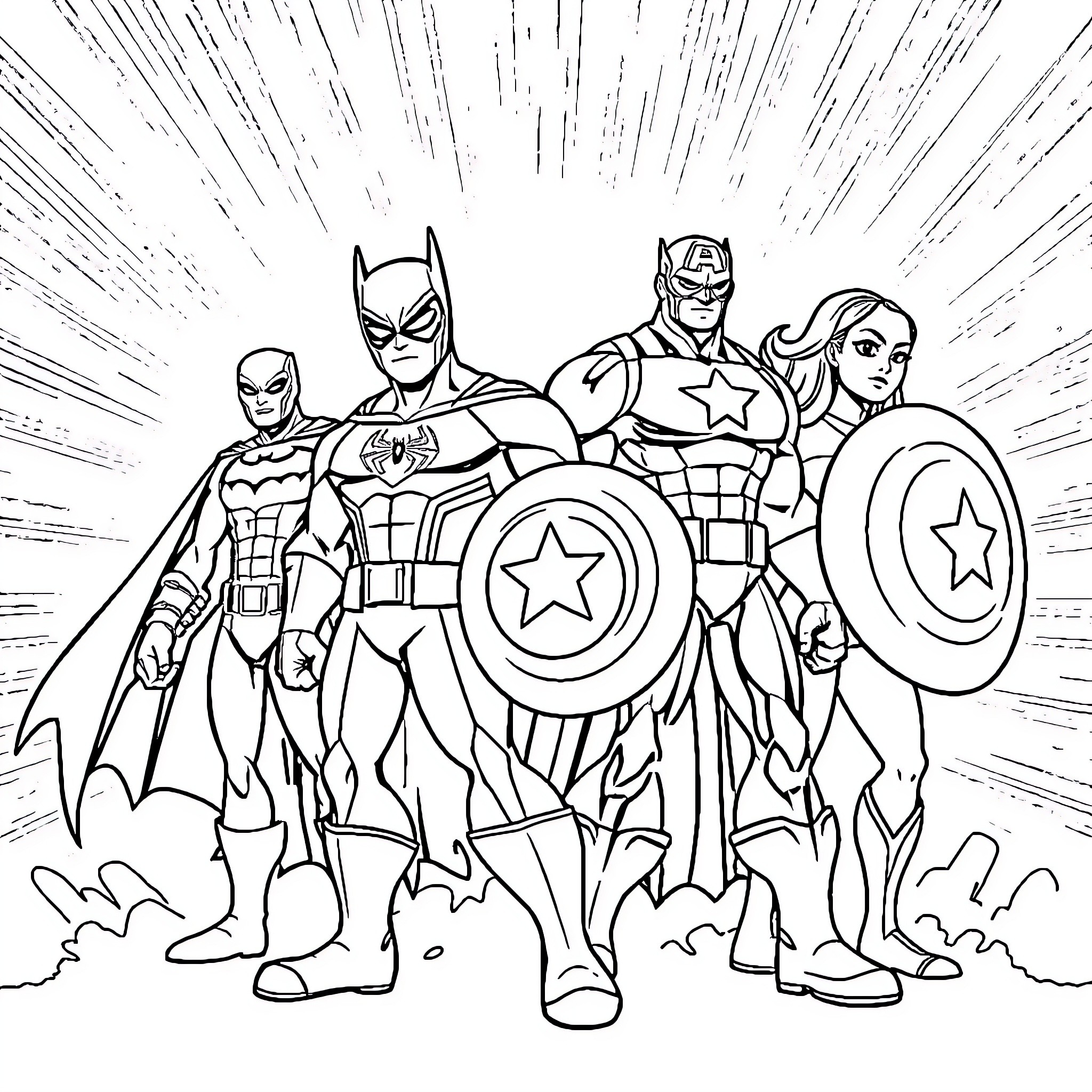 Superhero Team Assembling for Action Coloring Page (free black-and-white line drawing printable PDF for all, from beginners to advanced learners, including children, teens, adults, and seniors)