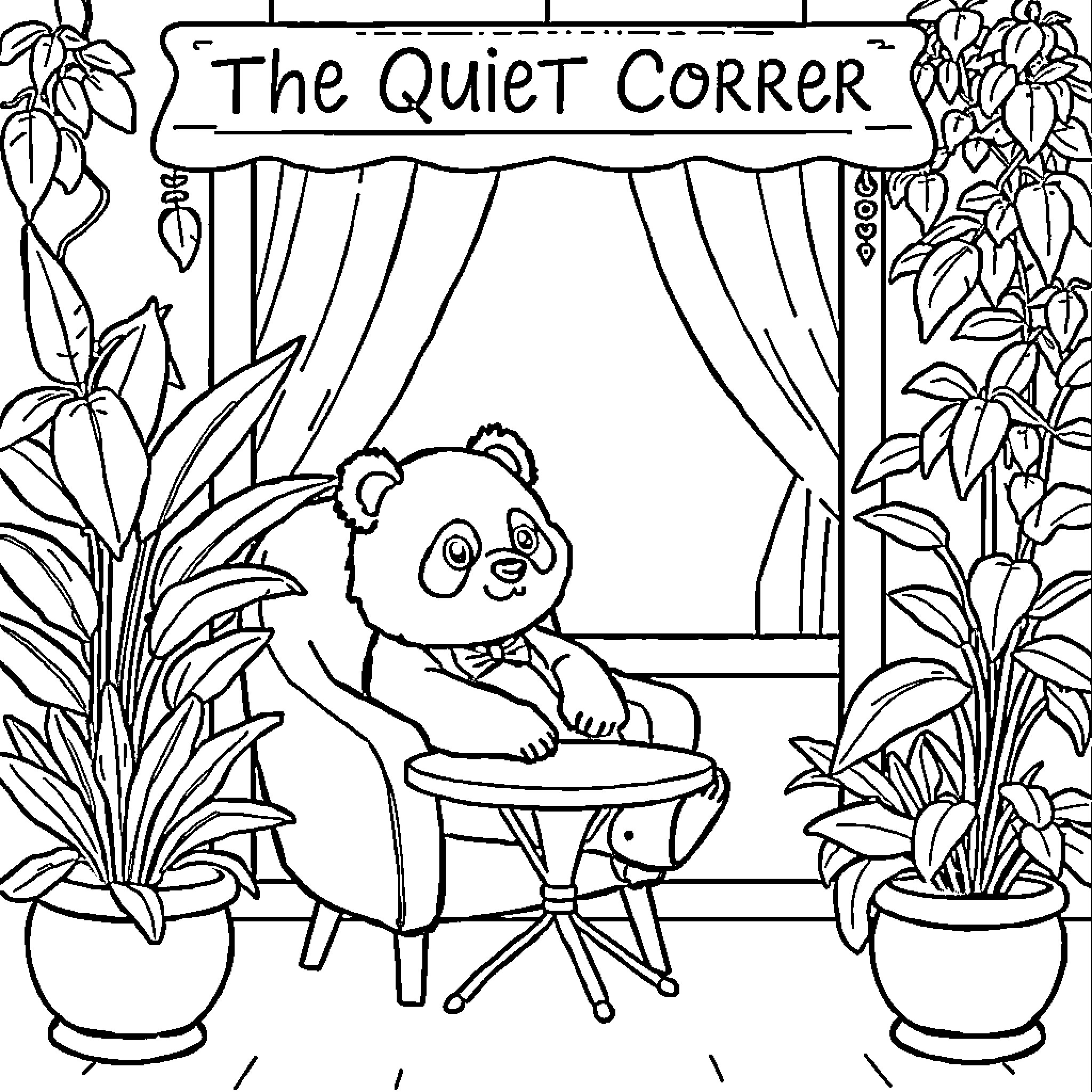 Panda relaxing in the Quiet Corner Coloring Page (free black-and-white line drawing printable PDF for all, from beginners to advanced learners, including children, teens, adults, and seniors)