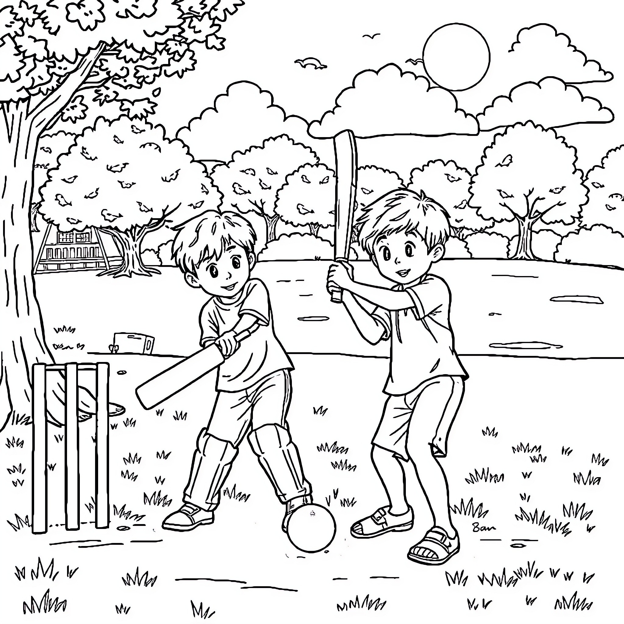 Cricket players in the park on a sunny day Coloring Page (free black-and-white line drawing printable PDF for all, from beginners to advanced learners, including children, teens, adults, and seniors)