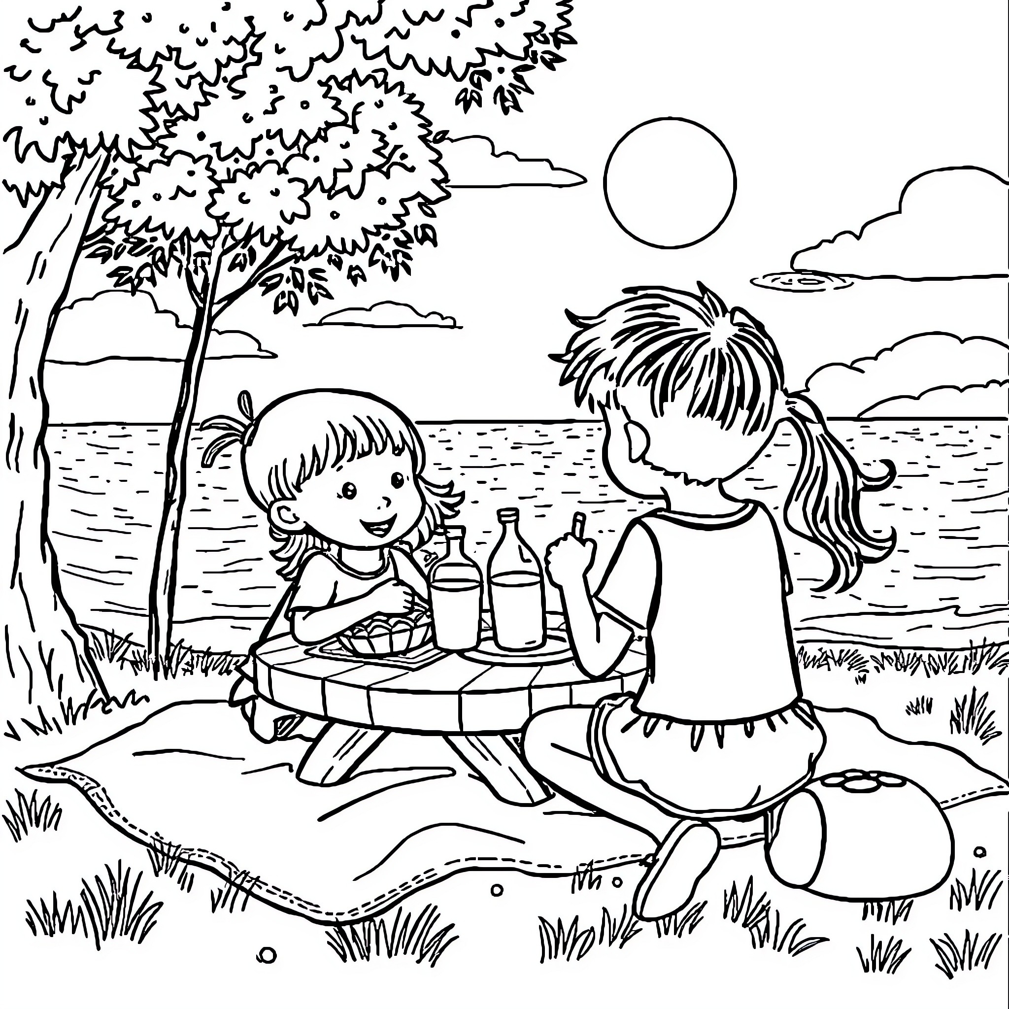 Kid's picnic by the lake Coloring Page (free black-and-white line drawing printable PDF for all, from beginners to advanced learners, including children, teens, adults, and seniors)