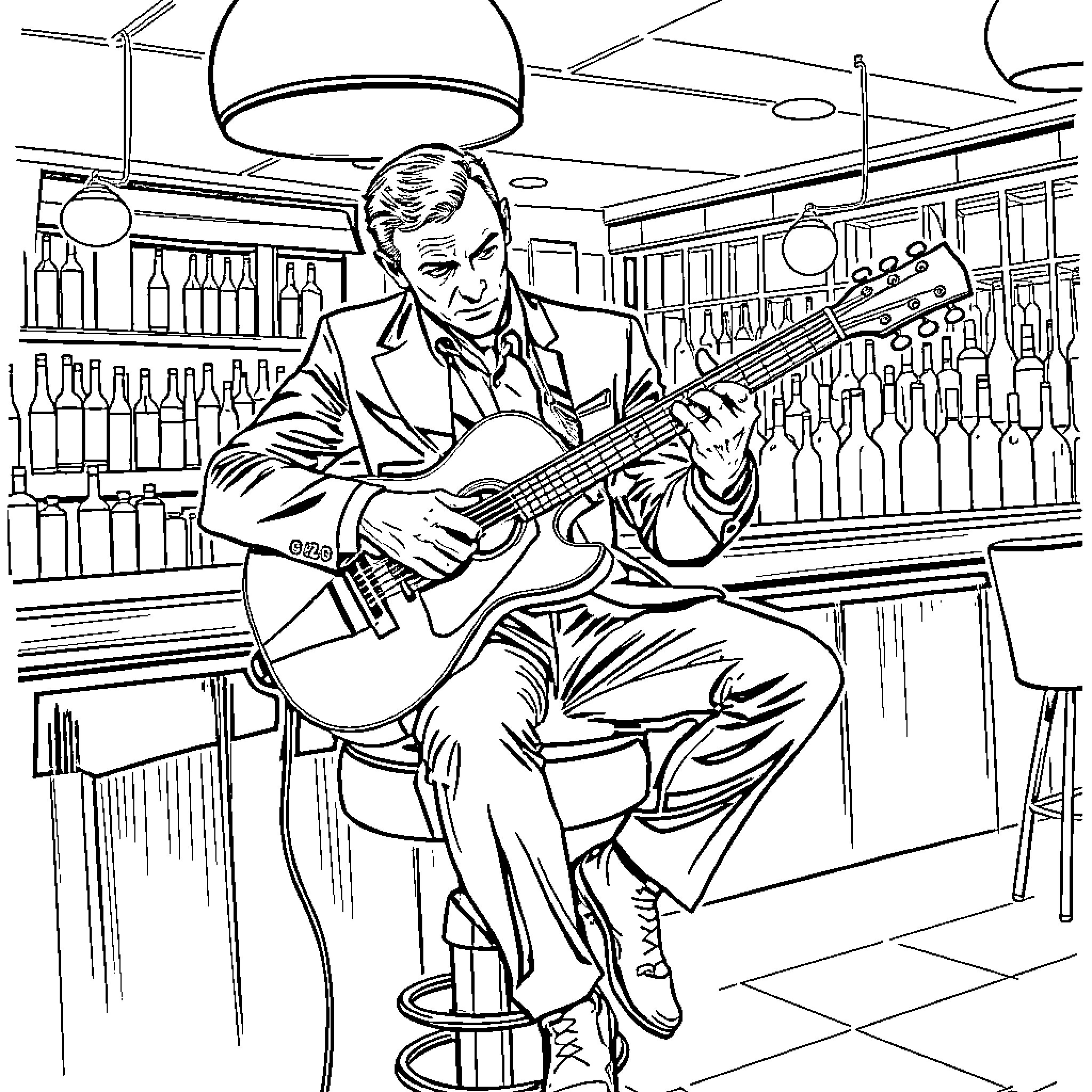 James Bond playing guitar in a bar Coloring Page (free black-and-white line drawing printable PDF for all, from beginners to advanced learners, including children, teens, adults, and seniors)
