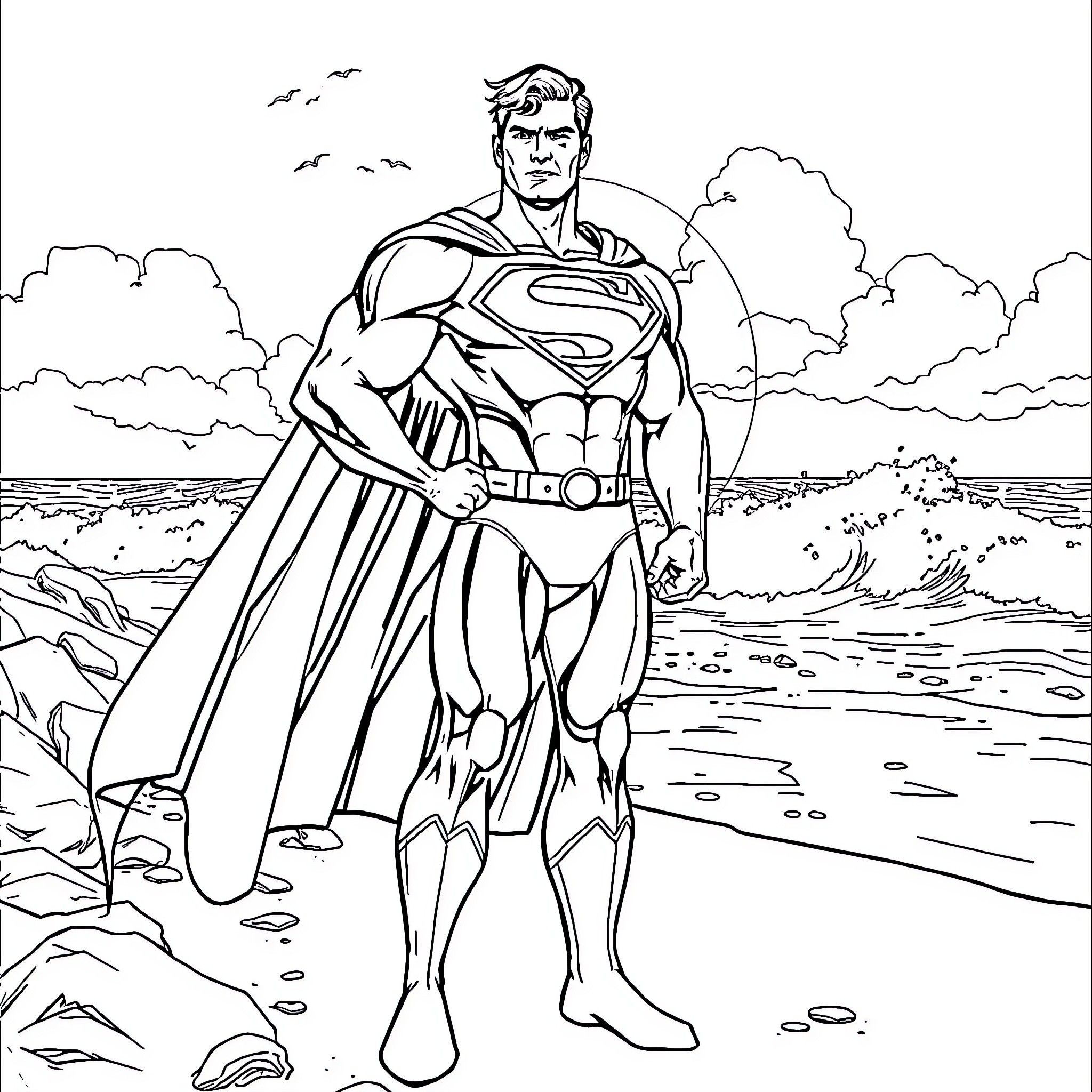 Superman standing heroically in nature Coloring Page (free black-and-white line drawing printable PDF for all, from beginners to advanced learners, including children, teens, adults, and seniors)