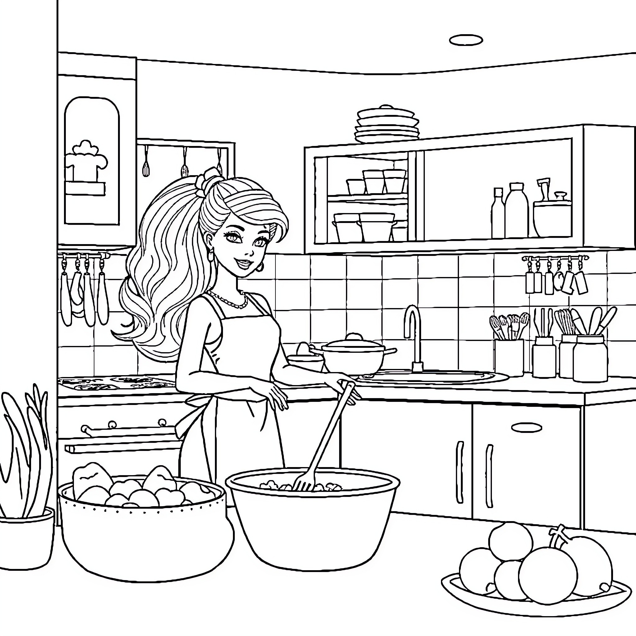 Barbie cooking happily in the kitchen Coloring Page (free black-and-white line drawing printable PDF for all, from beginners to advanced learners, including children, teens, adults, and seniors)