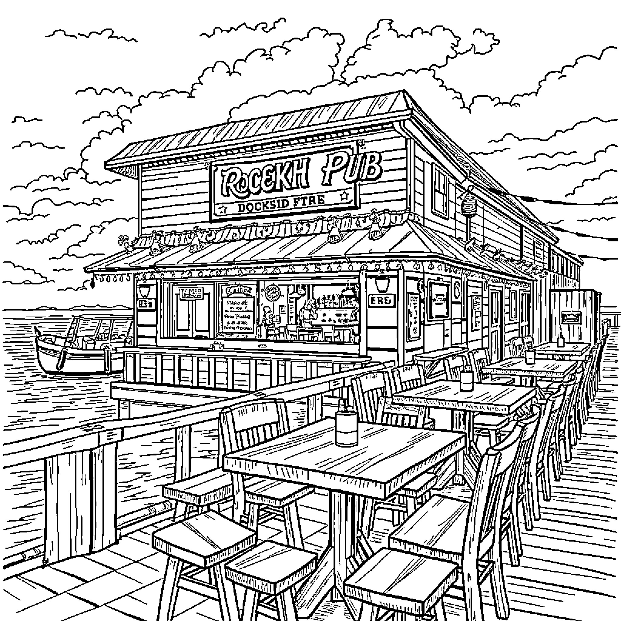 Pub by the docks with outdoor seating Coloring Page (free black-and-white line drawing printable PDF for all, from beginners to advanced learners, including children, teens, adults, and seniors)