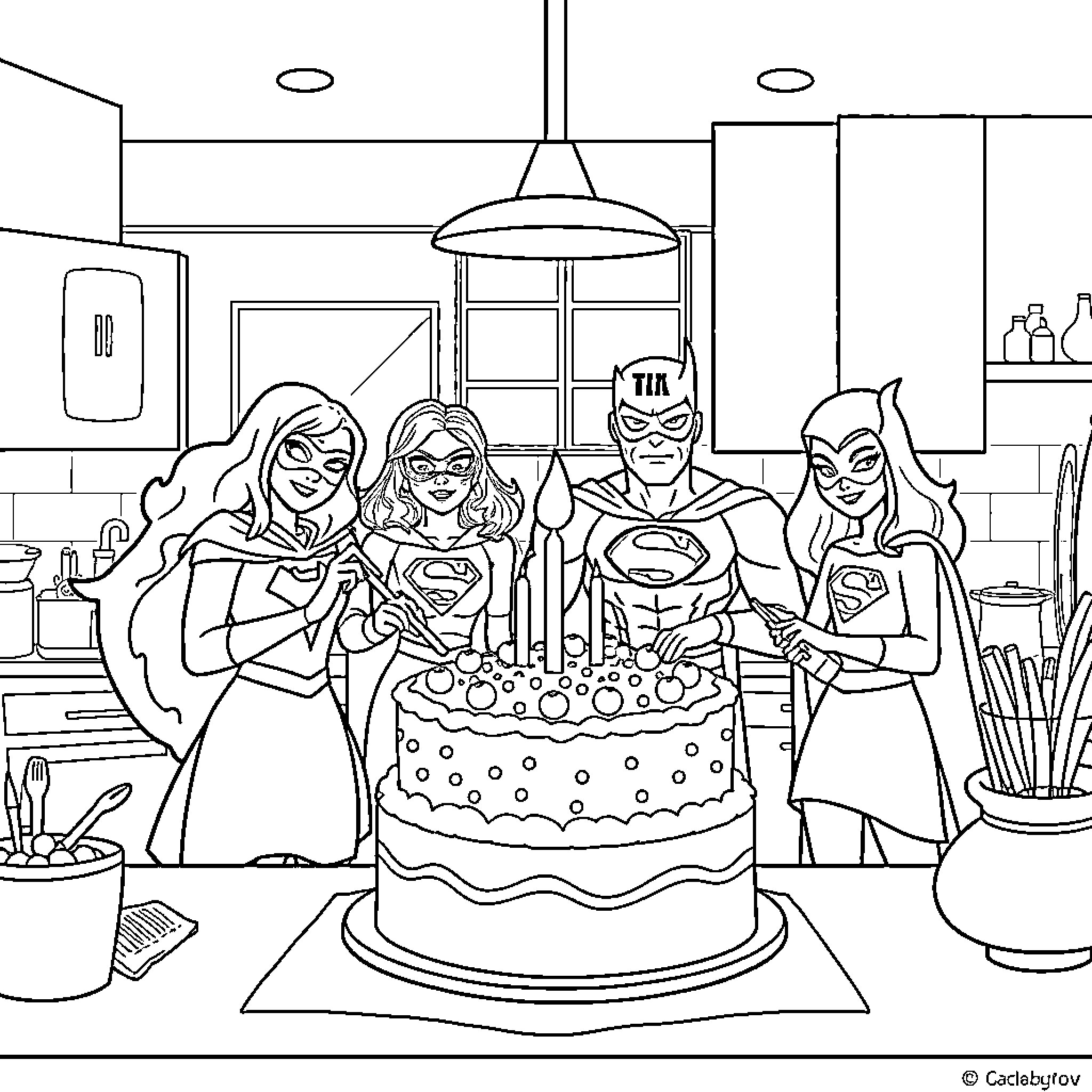 Superhero Family Celebrating with Cake Coloring Page (free black-and-white line drawing printable PDF for all, from beginners to advanced learners, including children, teens, adults, and seniors)