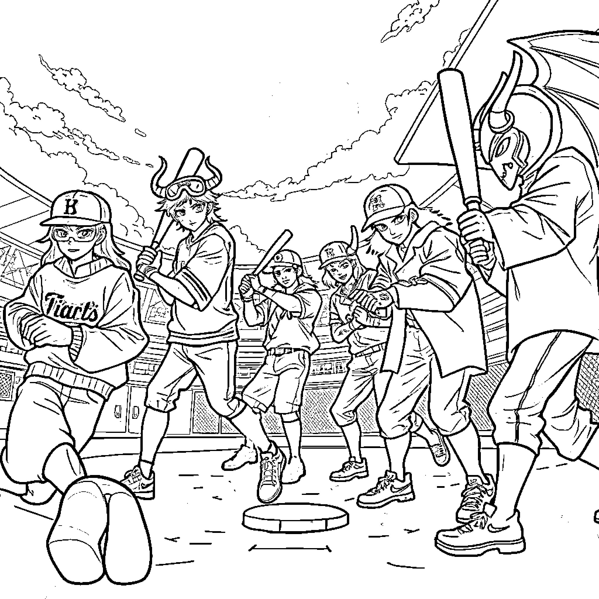 Demon Hunter Battles Heroic Team in Dramatic Scene Coloring Page (free black-and-white line drawing printable PDF for all, from beginners to advanced learners, including children, teens, adults, and seniors)